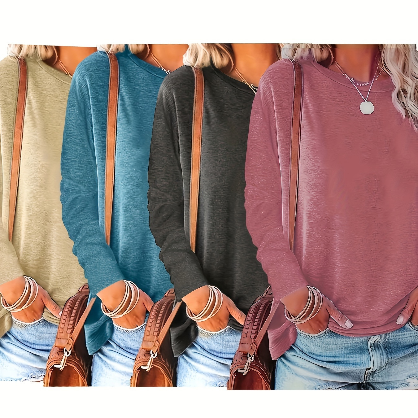 

4-pack Women's Casual Crew Neck Long Sleeve Tops, Solid Color Polyester Knit Fabric, Loose Fit For Spring/fall - Regular Length