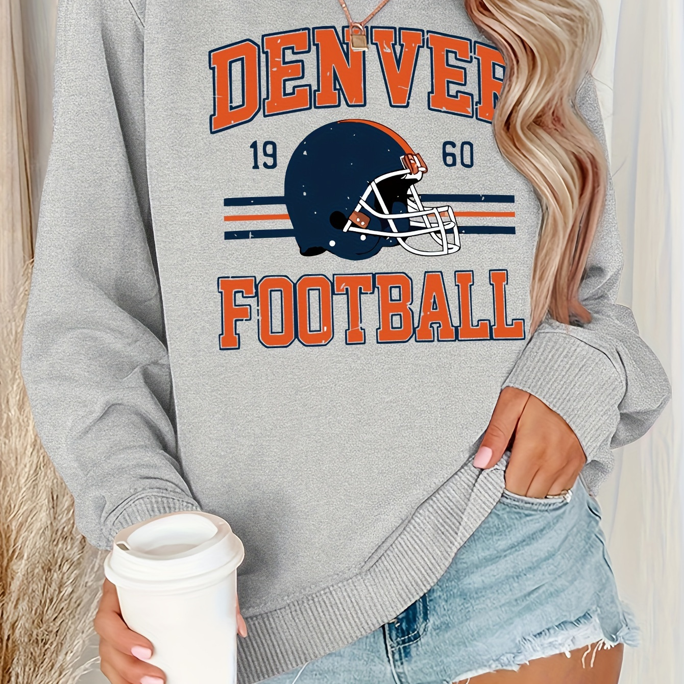 

1pc Football Pullover Sweatshirt For Women, Casual Round Neck, Polyester Knit, Autumn/winter Season, Embroidered Detail