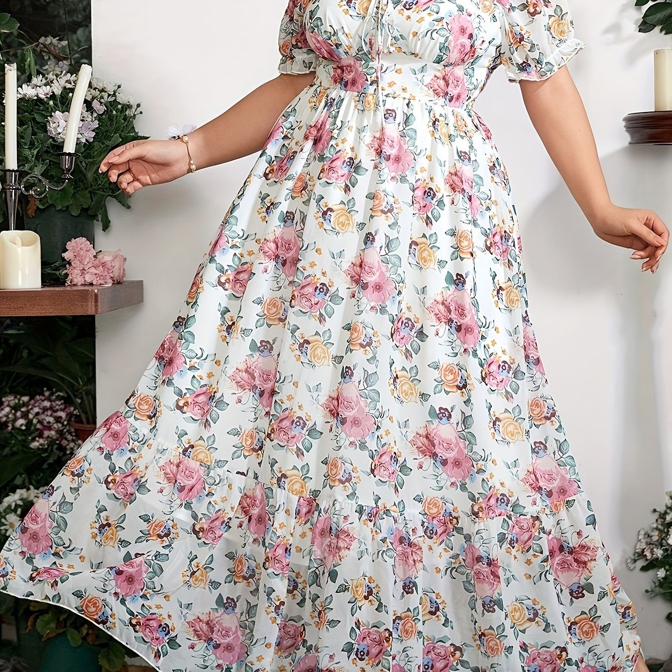 

Plus Size Floral Print Cinched Waist Dress, Elegant Short Sleeve Maxi Dress For Spring & Summer, Women's Plus Size Clothing