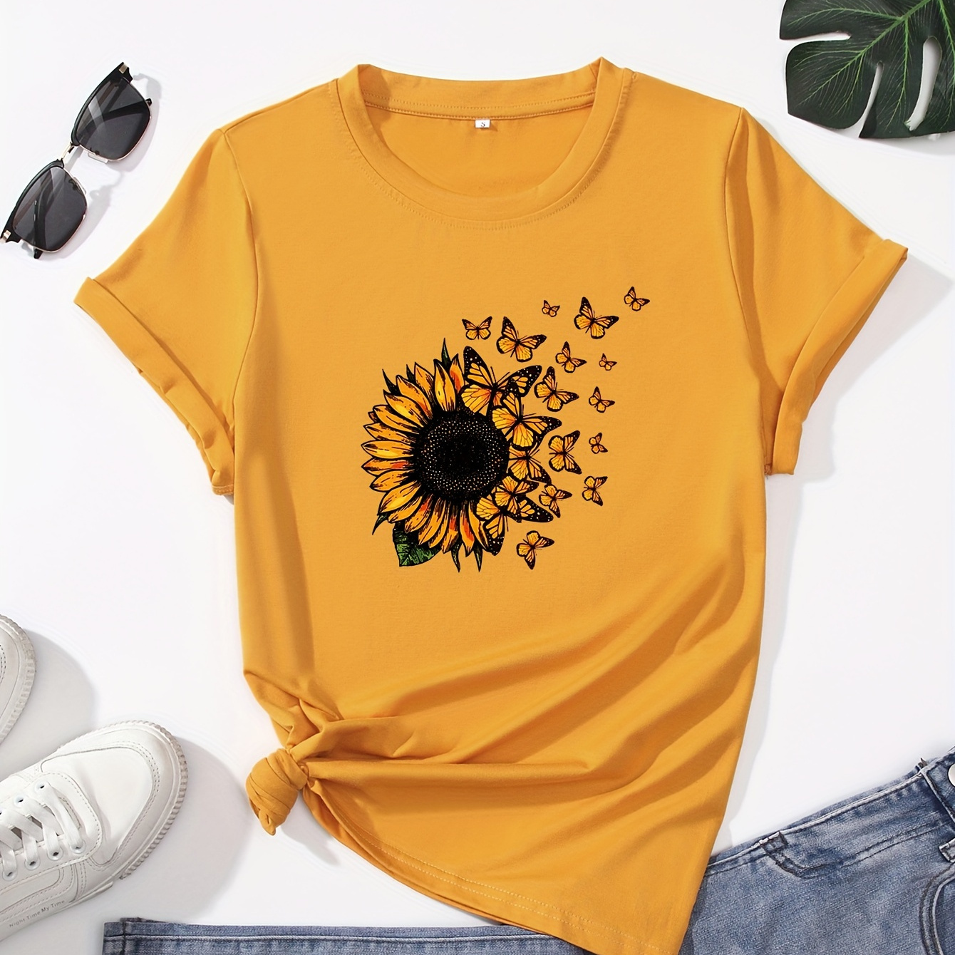 

Sunflower & Butterfly Print Crew Neck T-shirt, Casual Short Sleeve Top For Spring & Summer, Women's Clothing