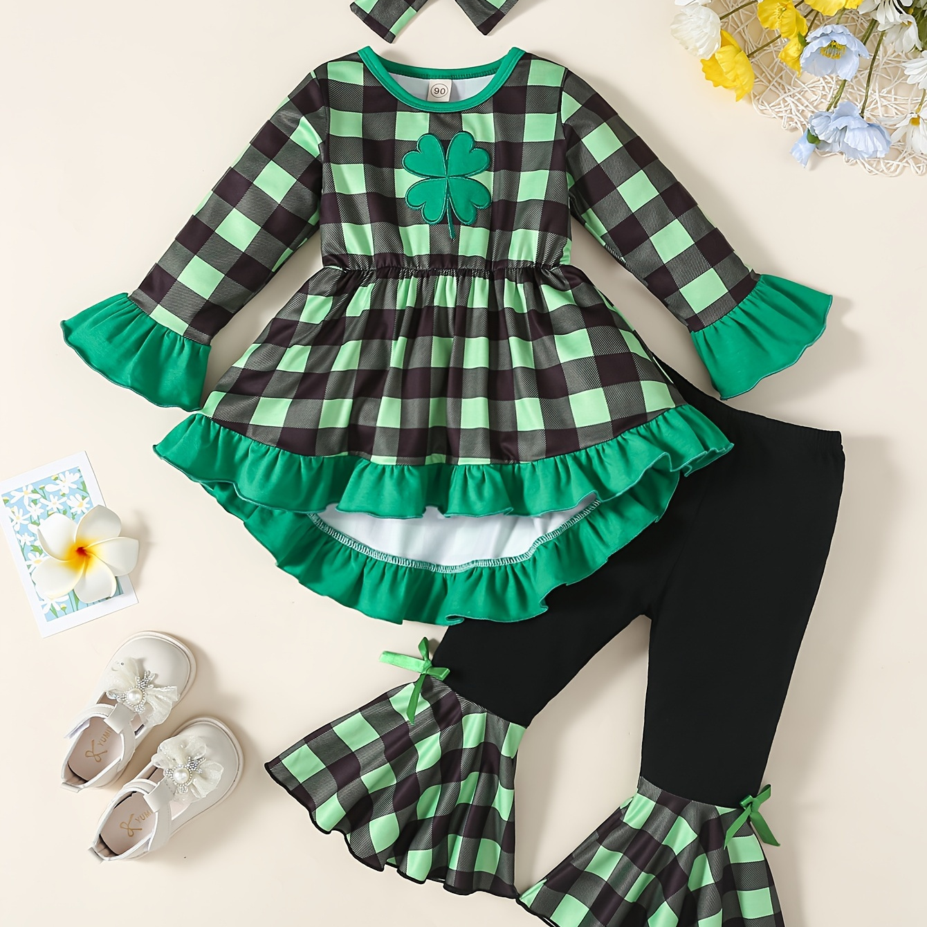 

Toddler Girls 2pcs Checkered Crew Neck Long Sleeve Top With Headband + Splicing Flare Pants Set Spring Fall St. Patrick's Day Gift