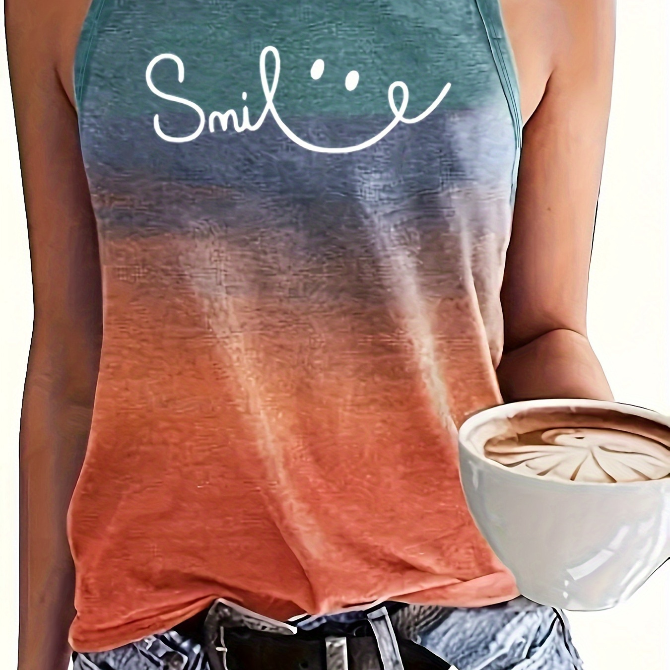 

Smile Print Crew Neck Tank Top, Casual Sleeveless Top For Spring & Summer, Women's Clothing