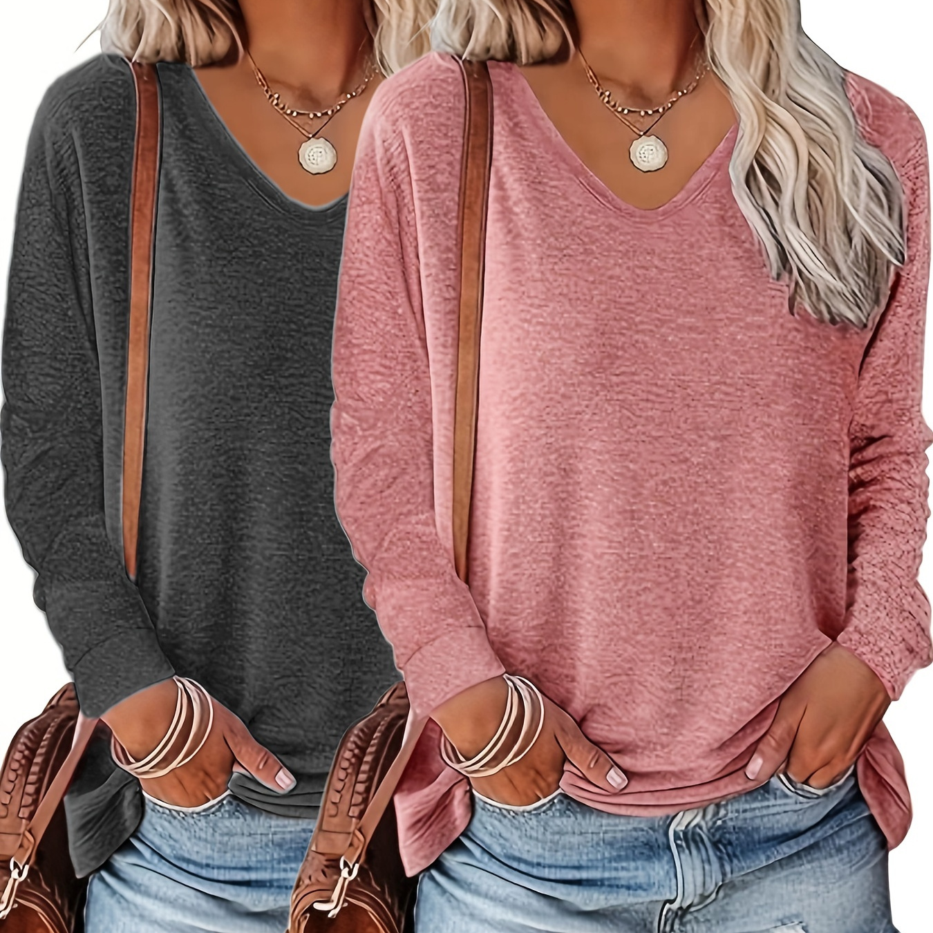 

2-pack Solid Color V-neck T-shirts, Women's Casual Long Sleeve Top, Polyester, Regular Fit, Spring/autumn Fashion, Pocket Detail