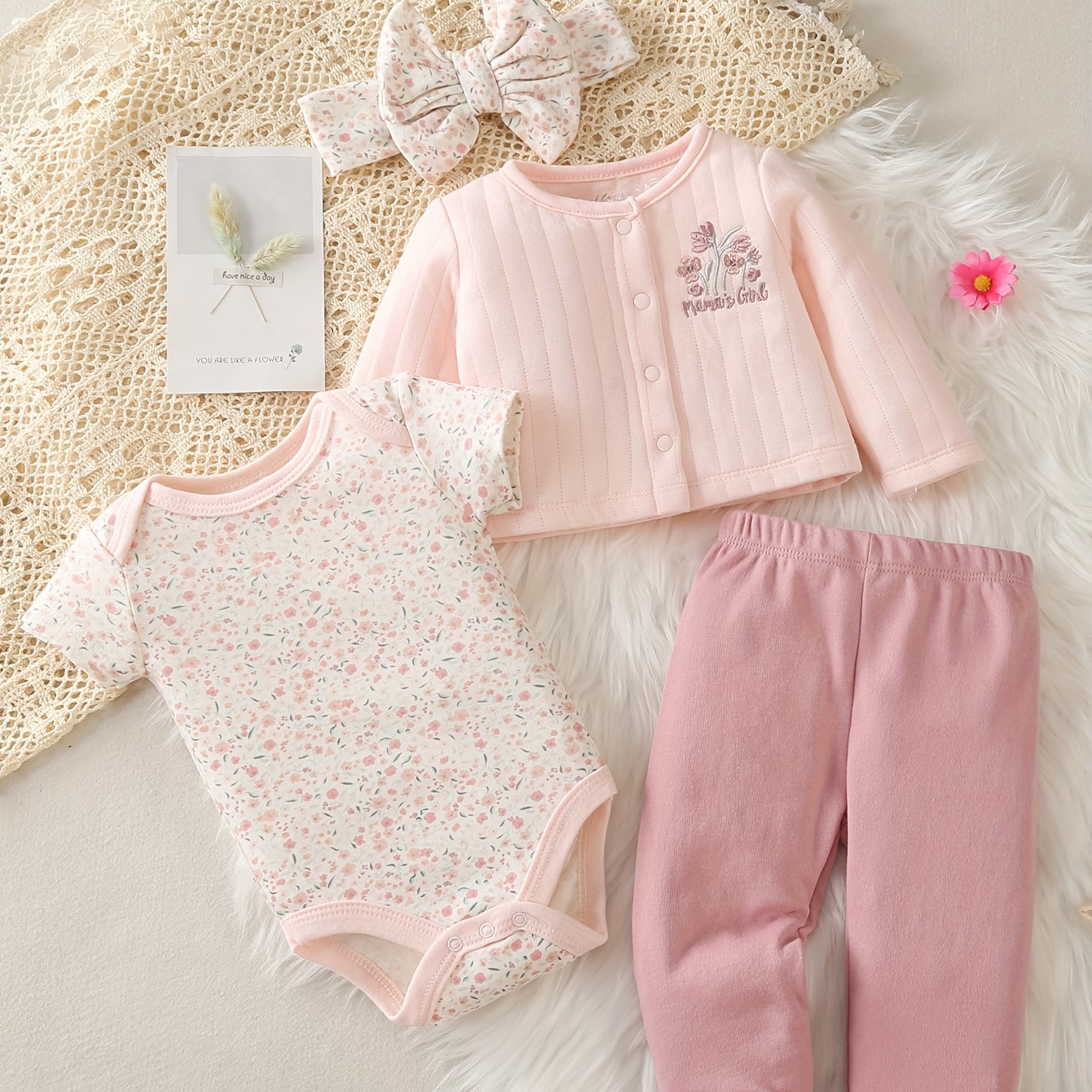 

4 pièces bébé - à longues en brodé de fleurs bandeau - Pantalon et en décontracté /hiver