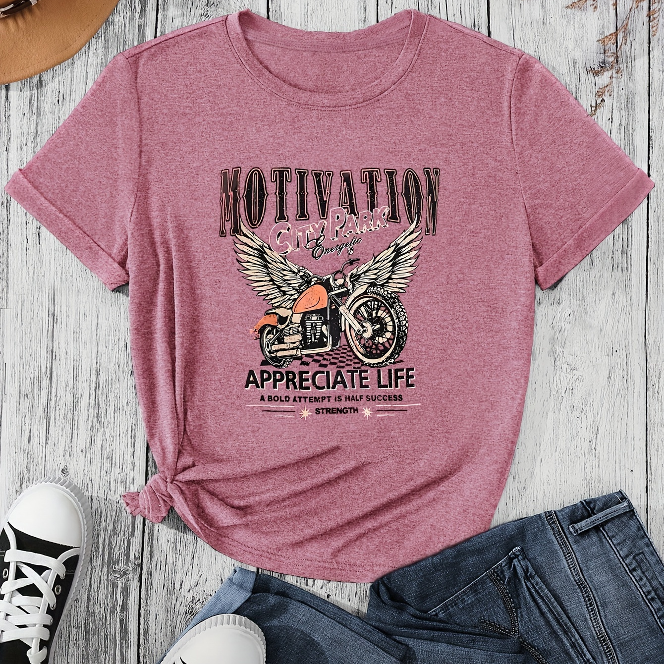 

Women's Casual Vintage-inspired T-shirt With Motorcycle & Wings Graphic, Round Neck, Short Sleeve, Sporty Summer Top