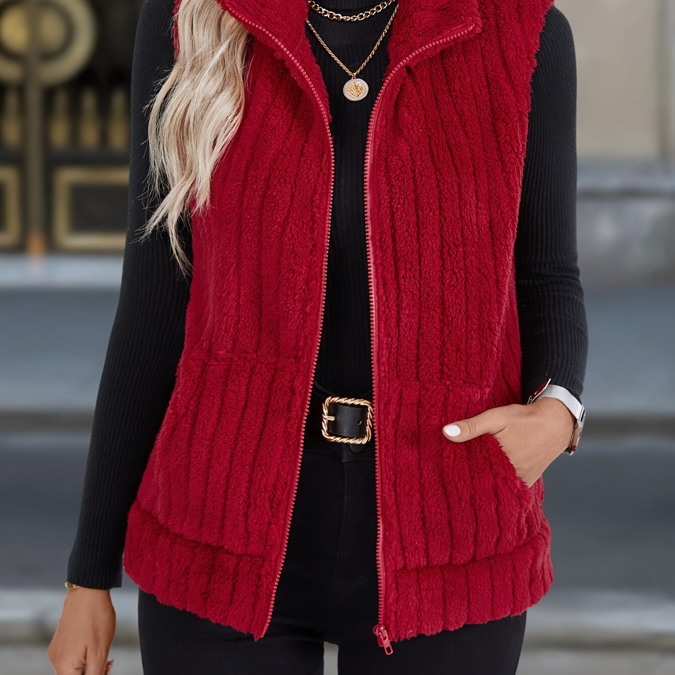 

Gilet/Veste décontractée en de couleur unie pour femmes avec col et fermeture à glissière, tissu tricoté % polyester, vêtement d'extérieur toutes