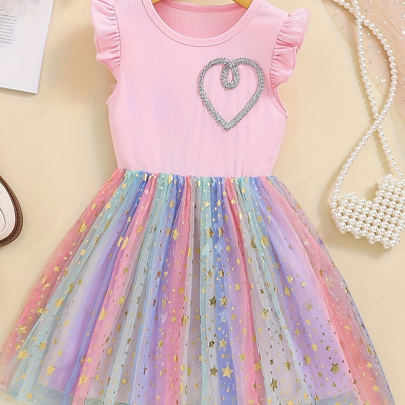 

Heart Design Ruffle Sleeve Tutu Dress, Dreamy Girls Sequin Decor Mesh Dress For Summer Holiday Party Gift