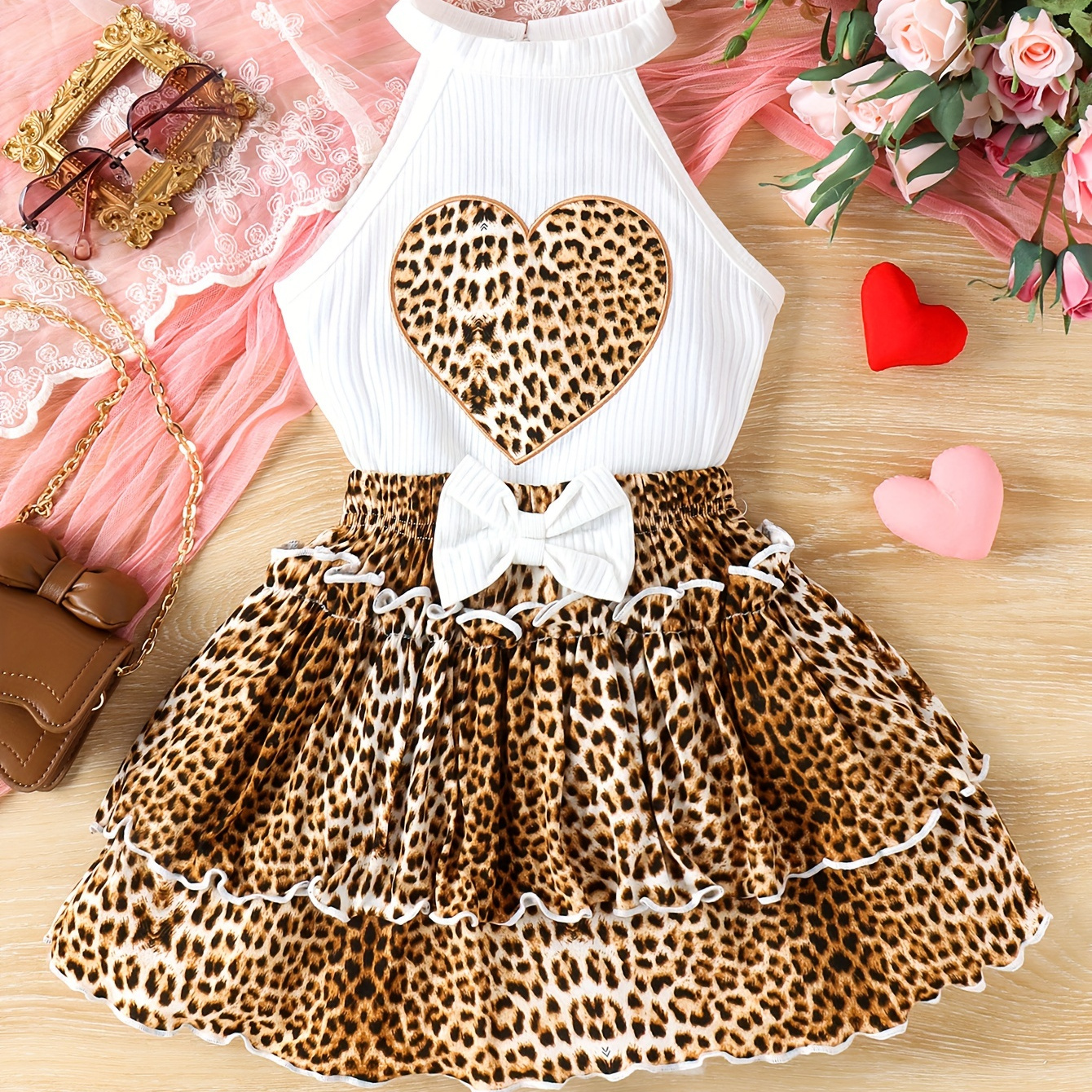 

Trendy Girls 2pcs Heart Graphic Sleeveless Top + Leopard Print Bow Decor Skirt Set For Summer
