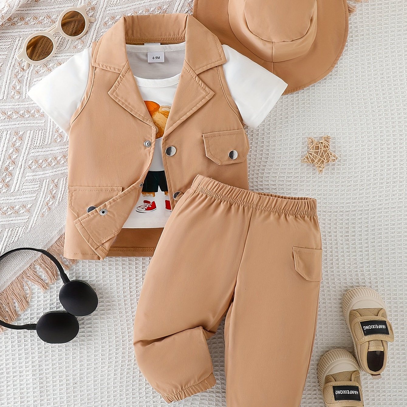 

2pcs Infant & Toddler's Street Style Summer Set, Lapel Vest & Hat & T-shirt & Casual Pants, Baby Boy's Clothes