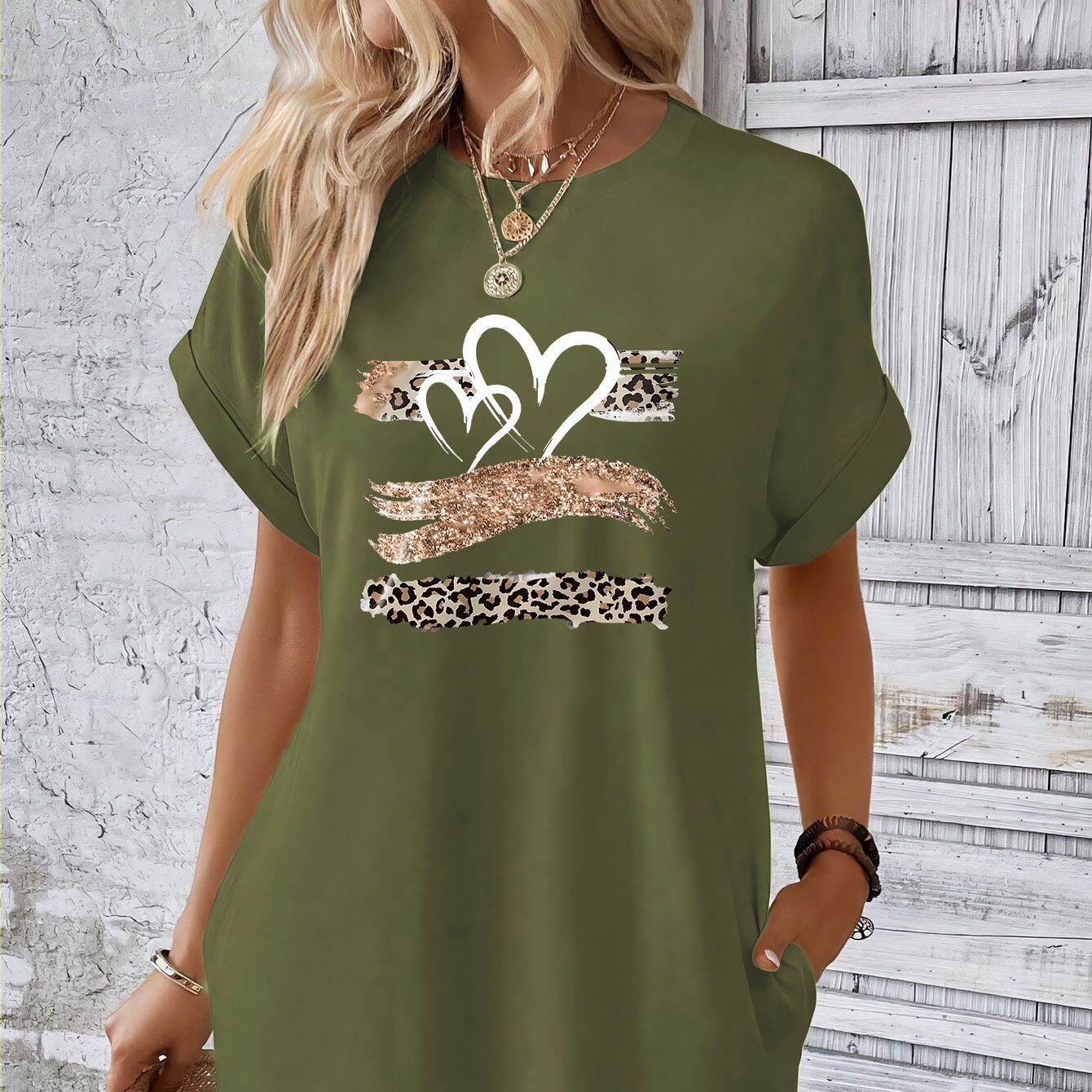 

Heart Print Tee Dress, Short Sleeve Crew Neck Casual Dress For Summer & Spring, Women's Clothing