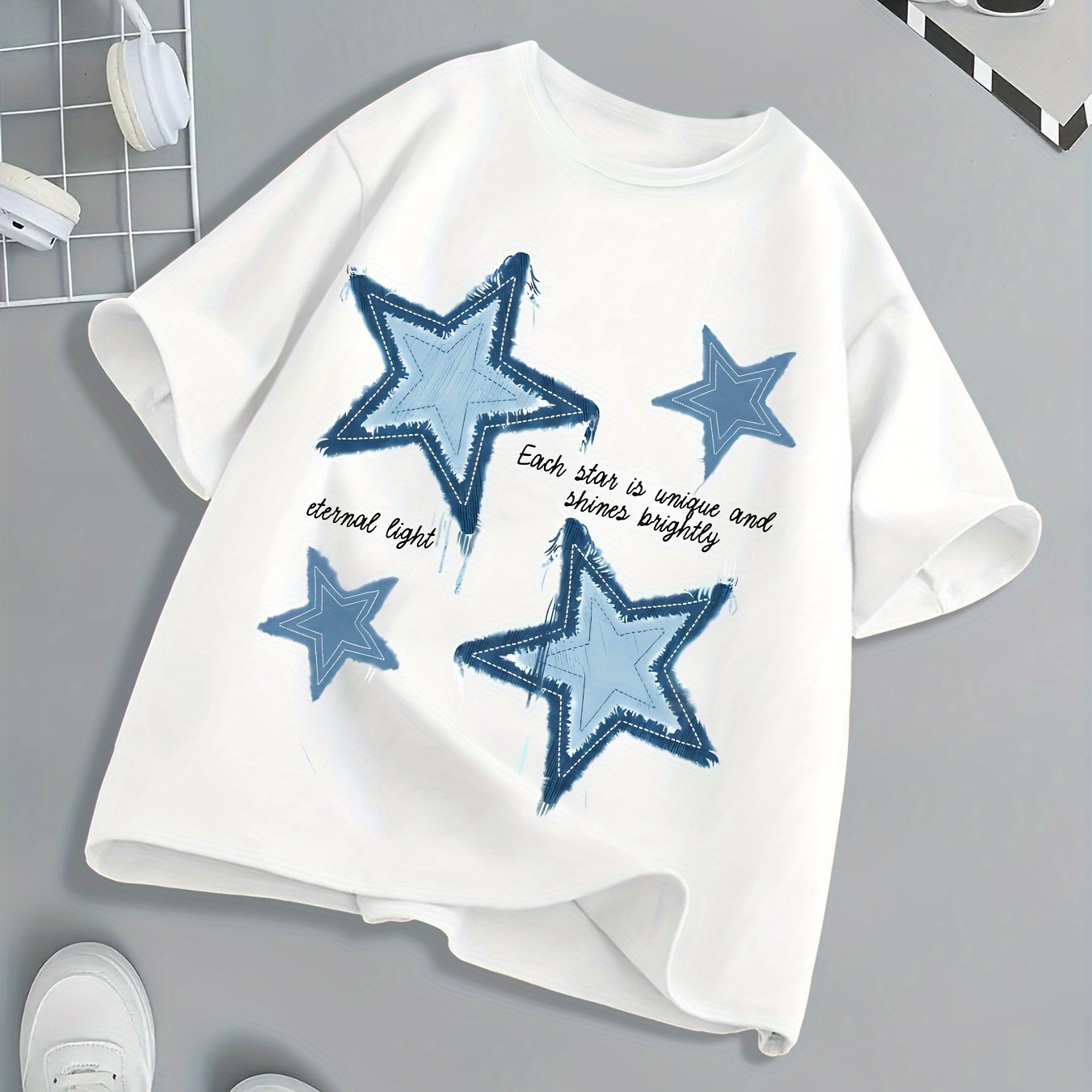 

Star Pattern Printed Girl's Summer Breathable Short Sleeves Tee Shirt For Everyday & Outdoors, Best Gift For Kids