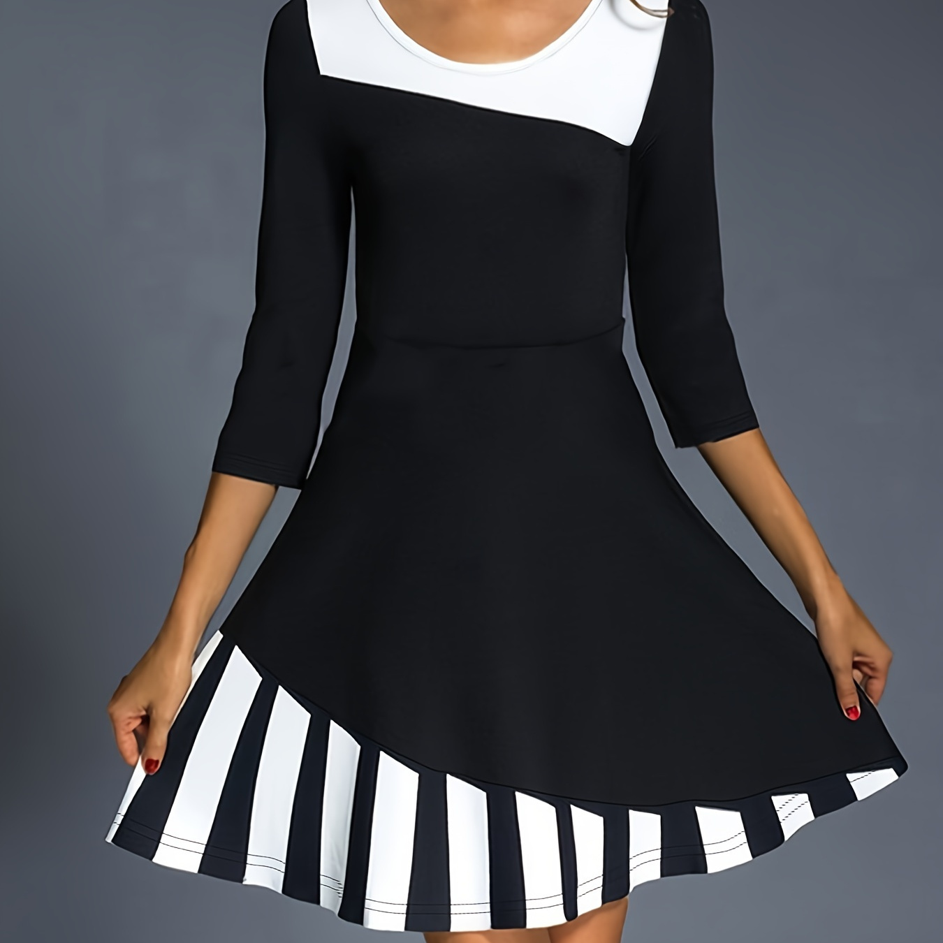 

Colorblock Crew Neck A-line Dress, Casual 3/4 Sleeve Dress For Spring & Fall, Women's Clothing