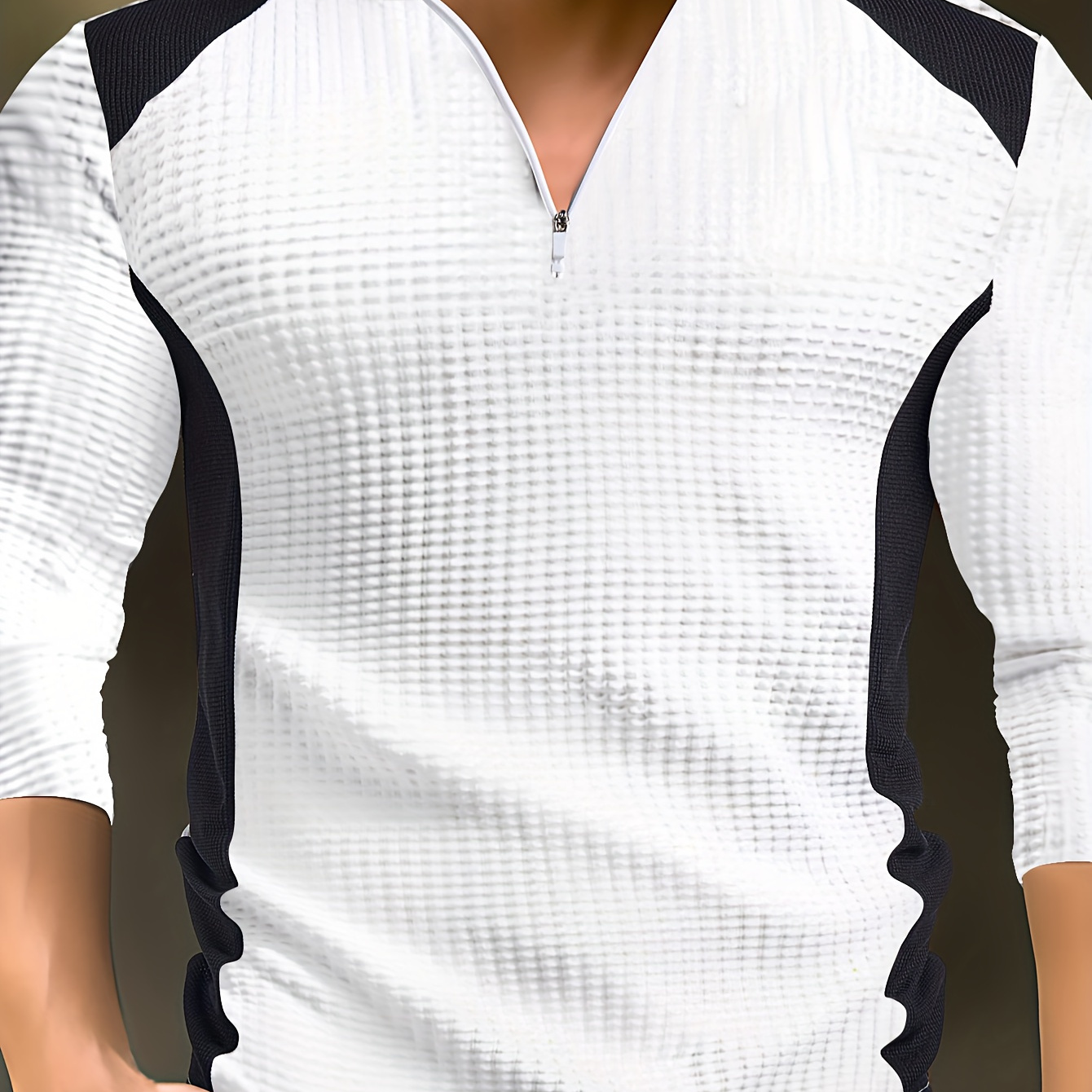 

Men's Textured Waffle Knit Henley Shirt With Stand Collar And Zipper Detail - Casual Long Sleeve Stretch Polyester Top For Spring/fall, Outdoor Weekend Wear