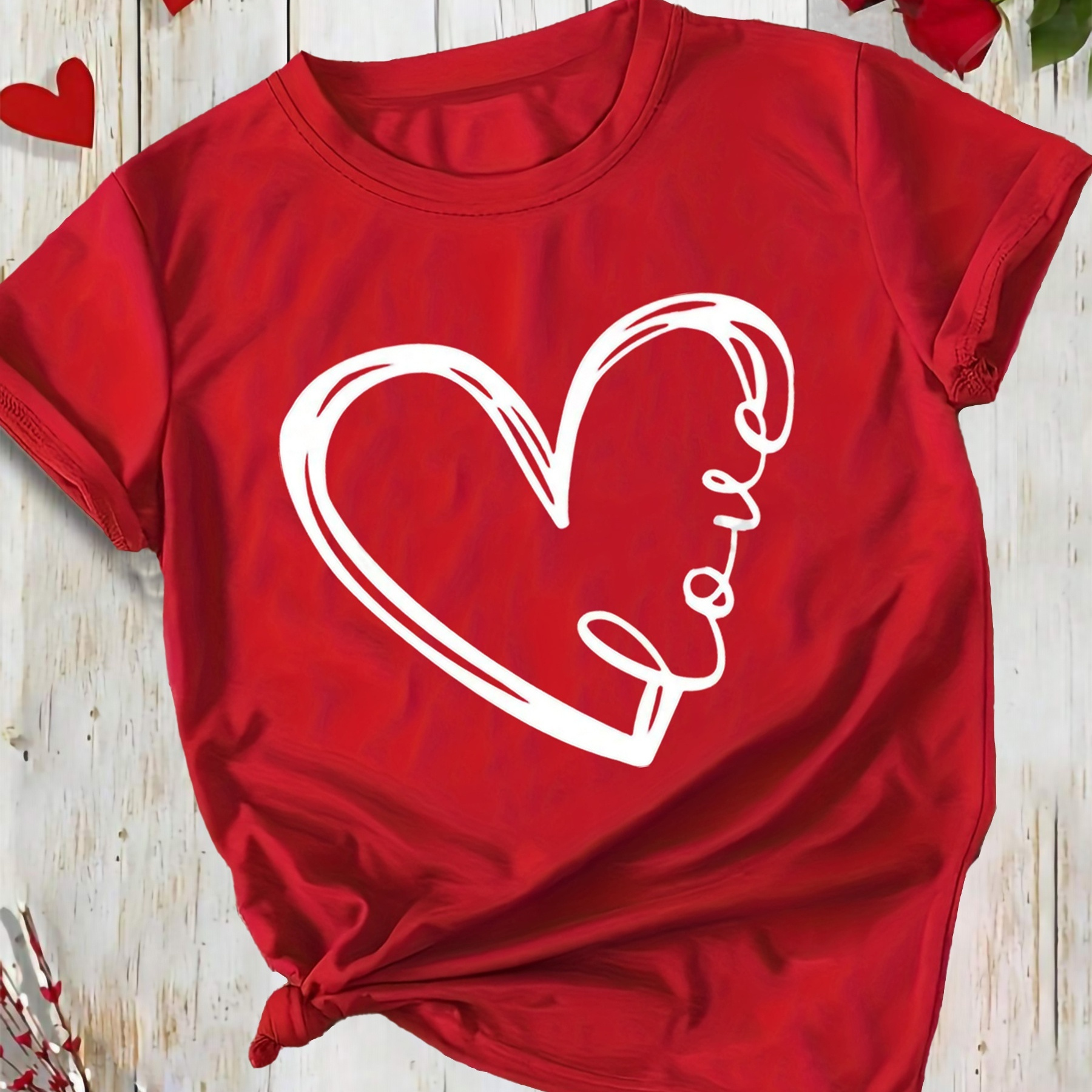 

Women's Heart T-shirt, Casual Polyester Tee, Cute Round Neck, Short Sleeve, Regular Length, Summer Fashion Top