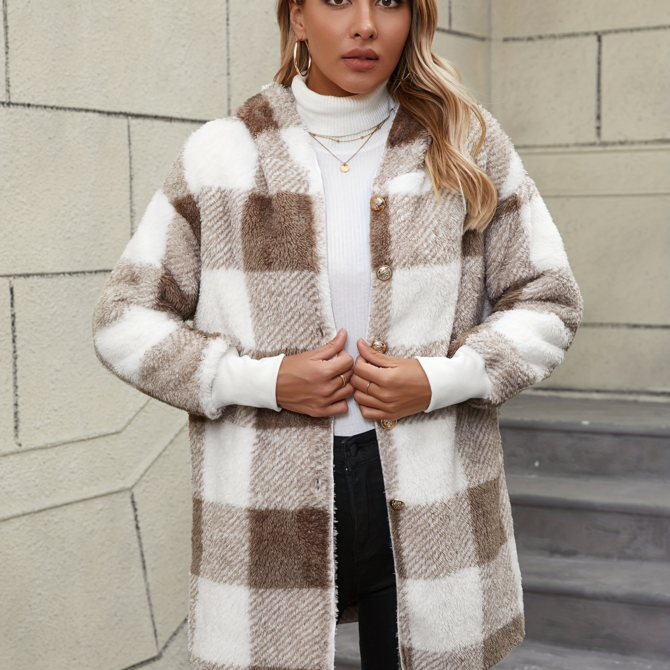 

Manteau à boutons à motif écossais, manteau chaud à capuche à manches longues polyvalent pour l'hiver, vêtements pour femmes