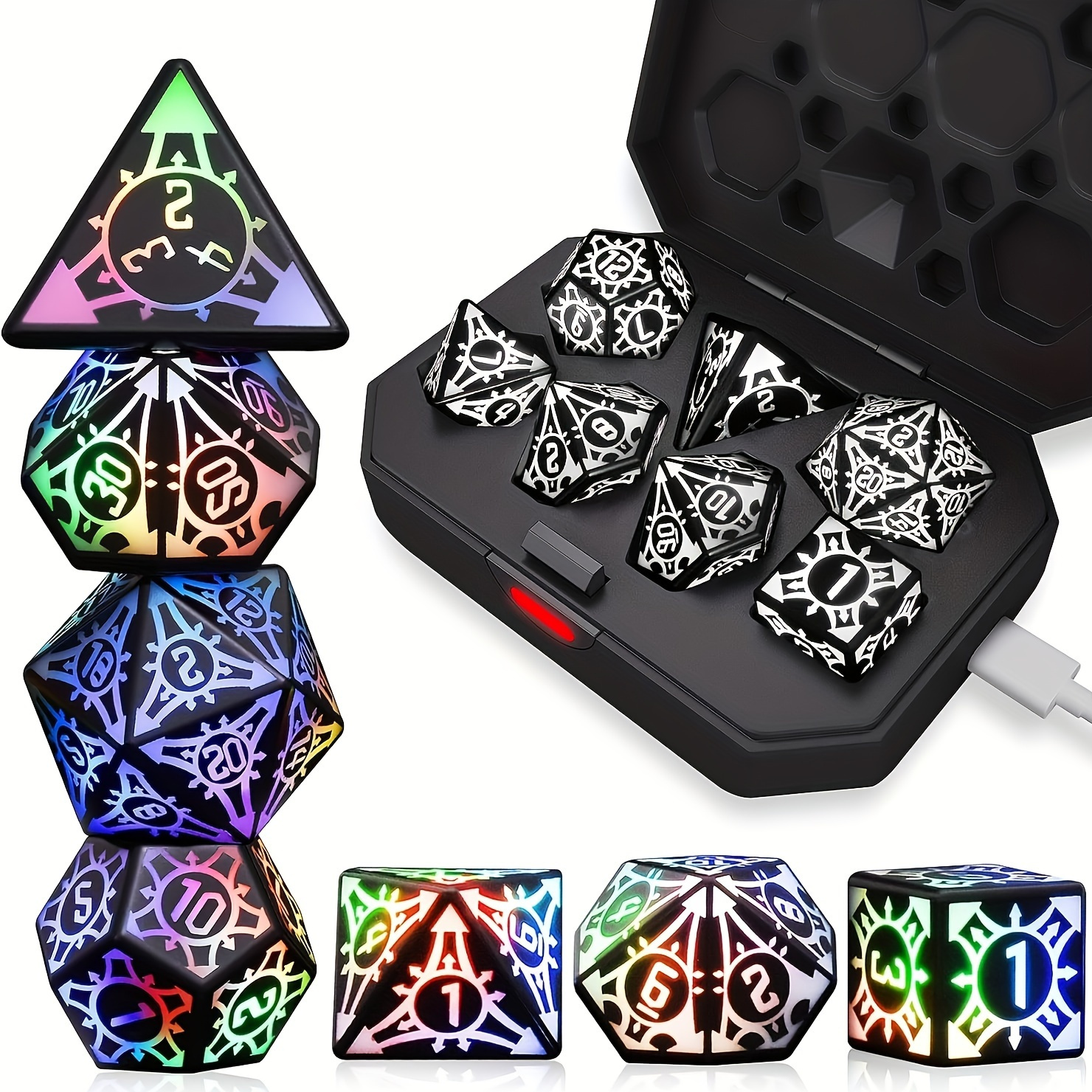 

Led , Light Up Dice With Charging Box, 7pcs Led Electronic Polyhedral Dice Set For Role Playing Games
