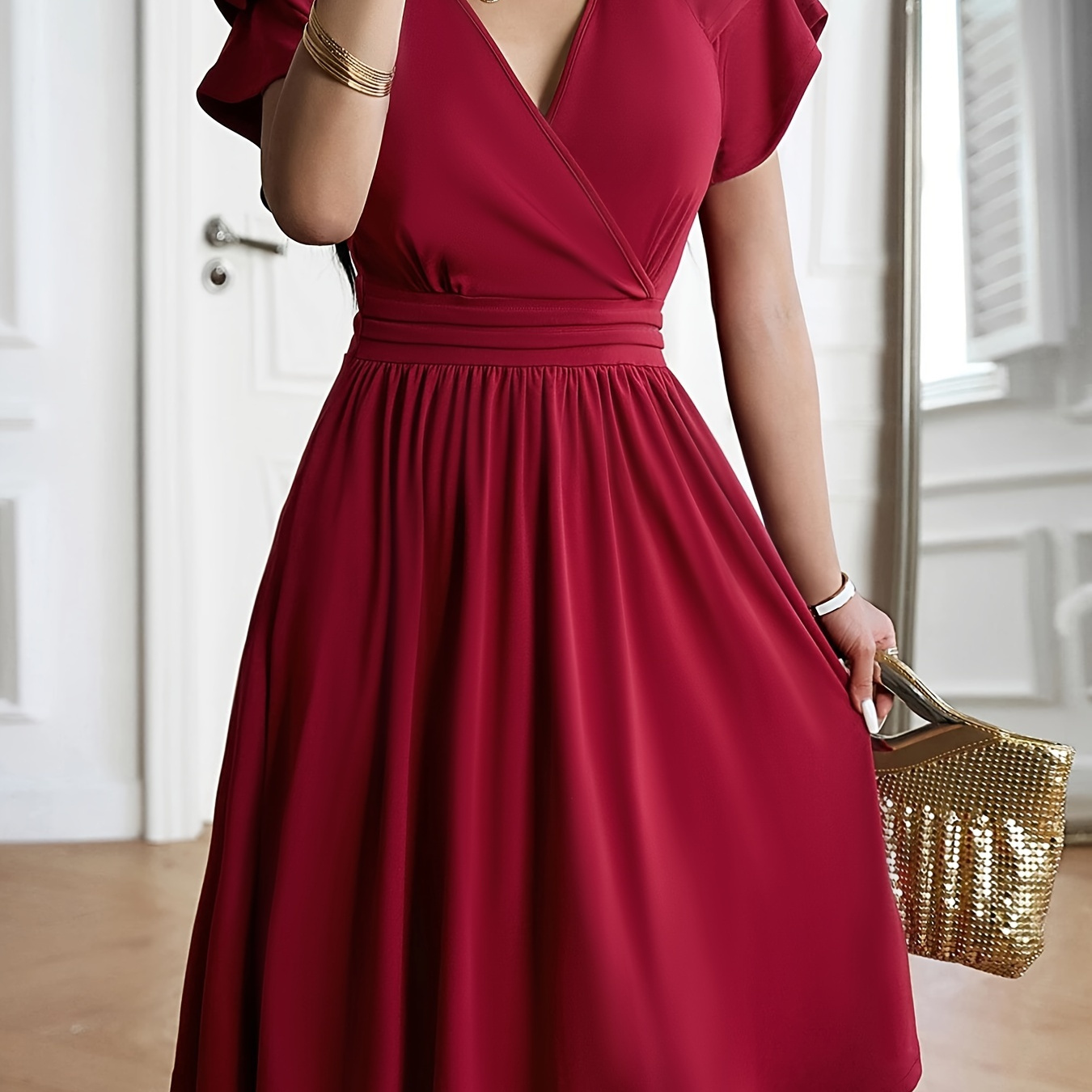 

Solid Surplice Neck Dress, Elegant Tiered Sleeve Cinched Waist Dress, Women's Clothing For Elegant Dressing