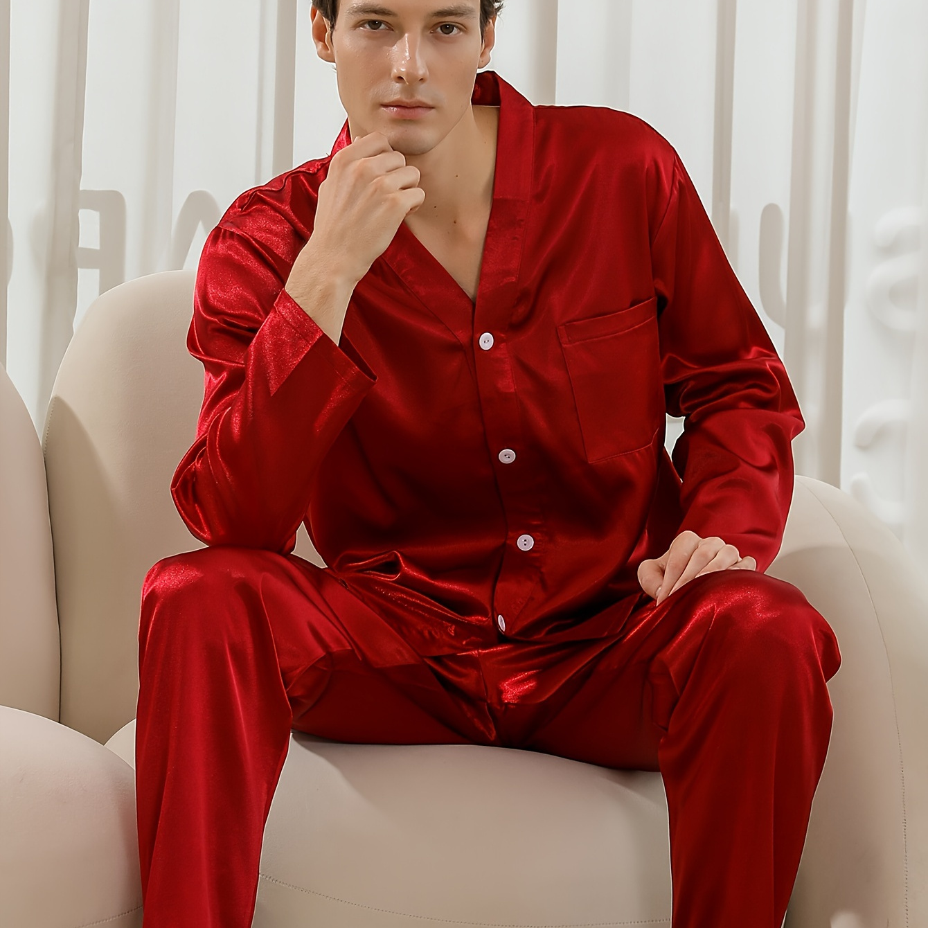 

Men's 2pcs Pajama Set, Casual Solid Color V-neck Long Sleeve Top And Long Pants, Loose Fit Polyester Sleepwear, Non-stretch Woven Fabric, 97% Polyester 3% Elastane, Suitable For Spring/summer/fall