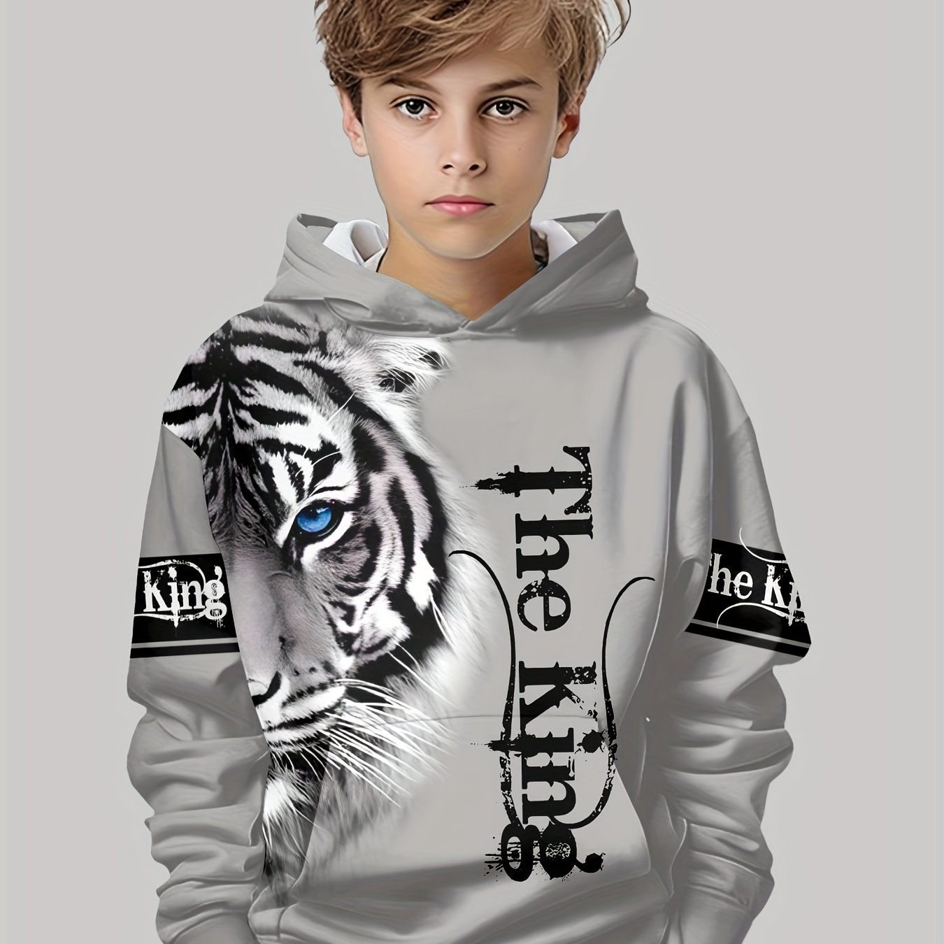 

Boys Tiger 3d Print Long Sleeve Hoodie, Soft Slight Stretch Fabric, Machine Washable, Comfy Versatile Pullover Top, Perfect For Daily Casual Wear