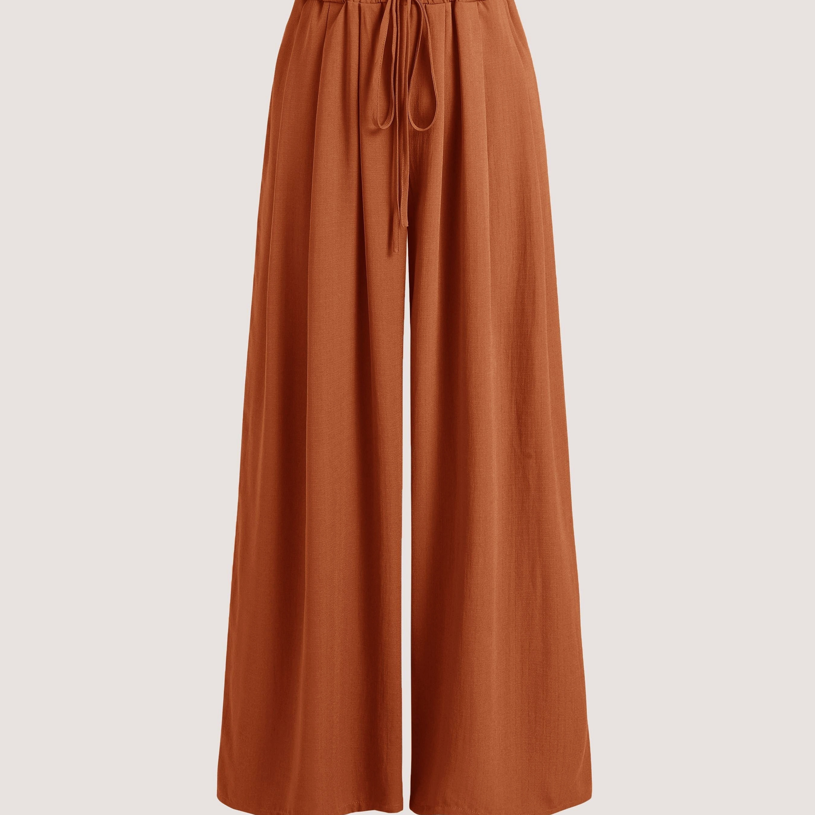 

Plus Size Solid Color Wide Leg Pants, Casual Drawstring Loose Pants For Spring & Summer, Women's Plus Size Clothing