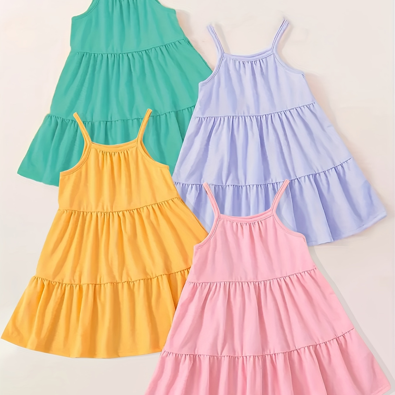 

4pcs/ Set Girls Basic Slip Dresses, Solid Color Suspender Sleeveless Dresses For Casual Going Out