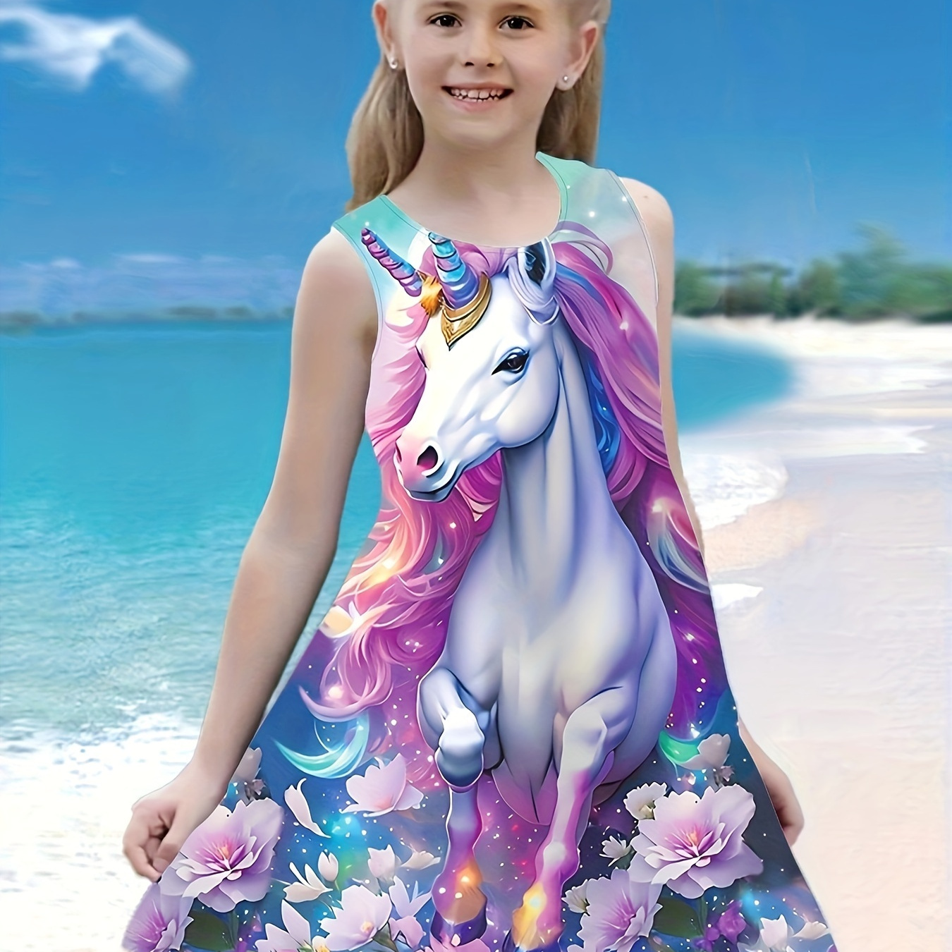 

Romantic Unicorn Print Girl's Casual Dress, Comfy A-line Sleeveless Dresses For Holiday Beach Summer