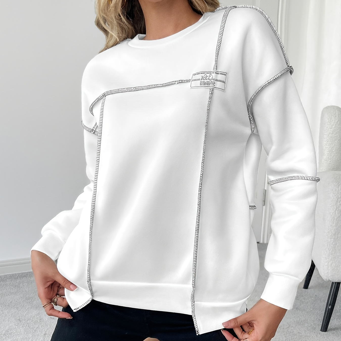 

Asymmetrical Ribbed Sweatshirt Hoodie For Women - Solid Color, Polyester, Knit Fabric, Round Neck,