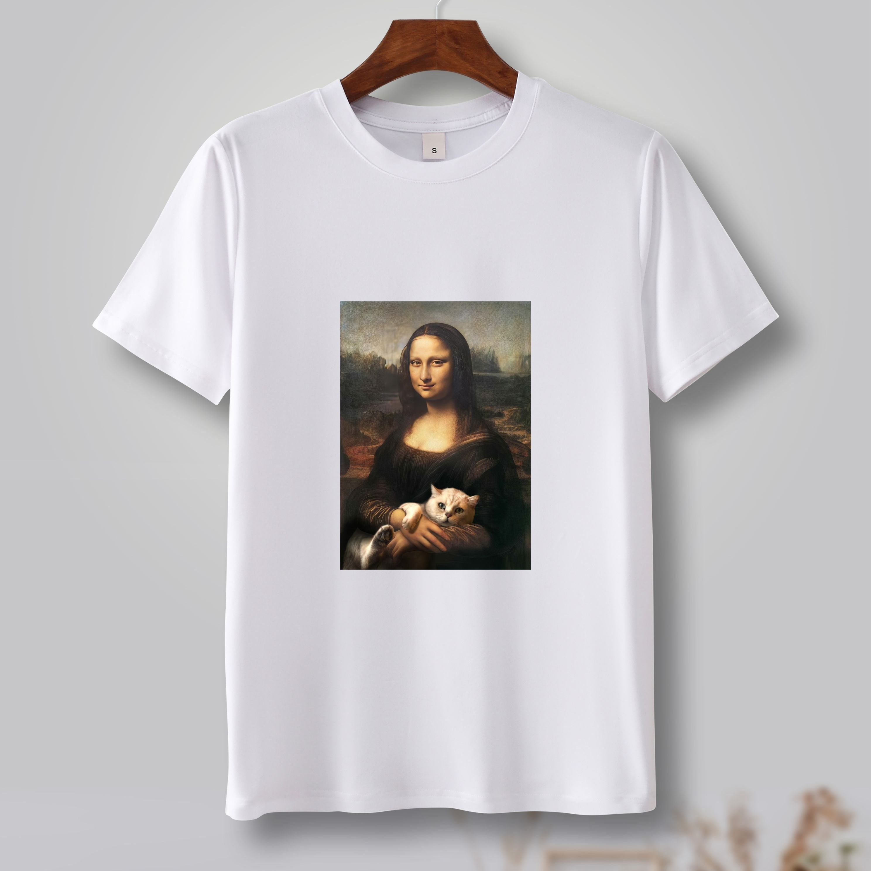 

Mona Lisa With A Lap Cat Print Tee Shirt, Tees For Men, Casual Short Sleeve T-shirt For Summer