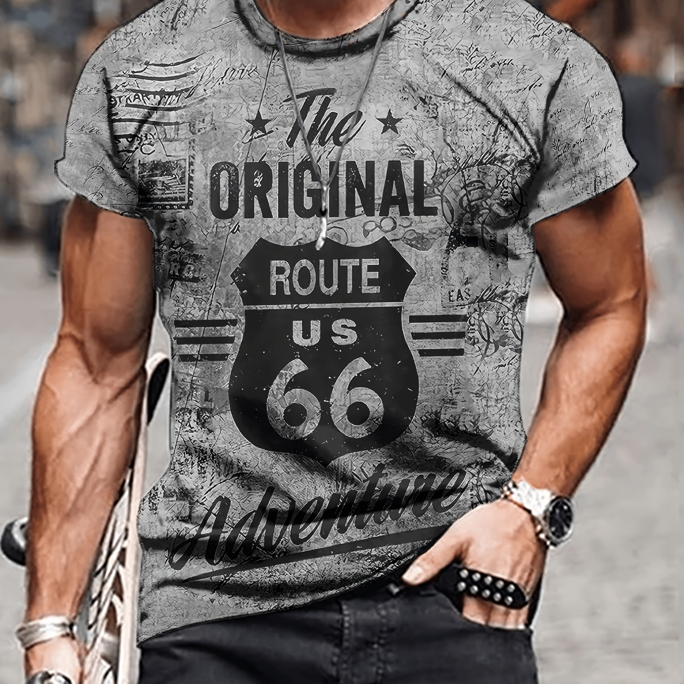 

Men's Route Us 66 Graphic Print T-shirt, Short Sleeve Crew Neck Tee, Men's Clothing For Outdoor