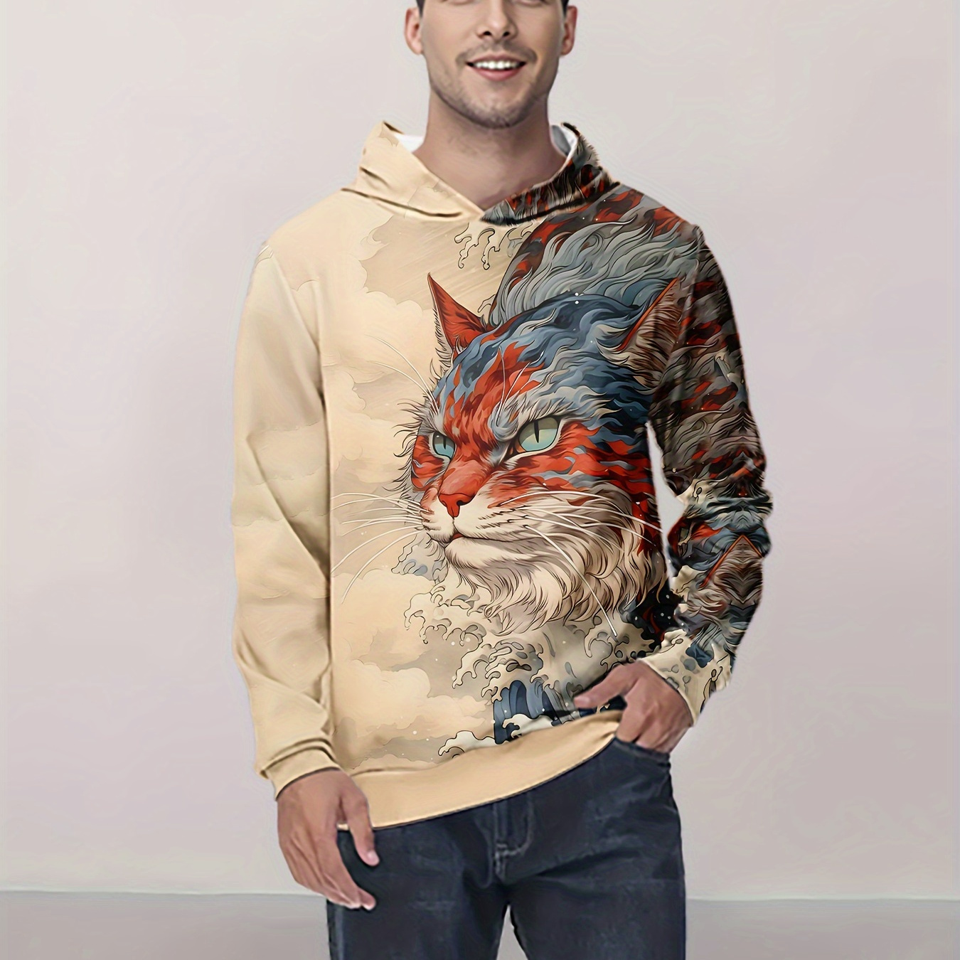 

Men's 3d Print Hoodie - Casual Long Sleeve Spring/fall Polyester Knit Top With Slight Stretch, Regular Fit Hooded Animal Pattern Hoodie For Men