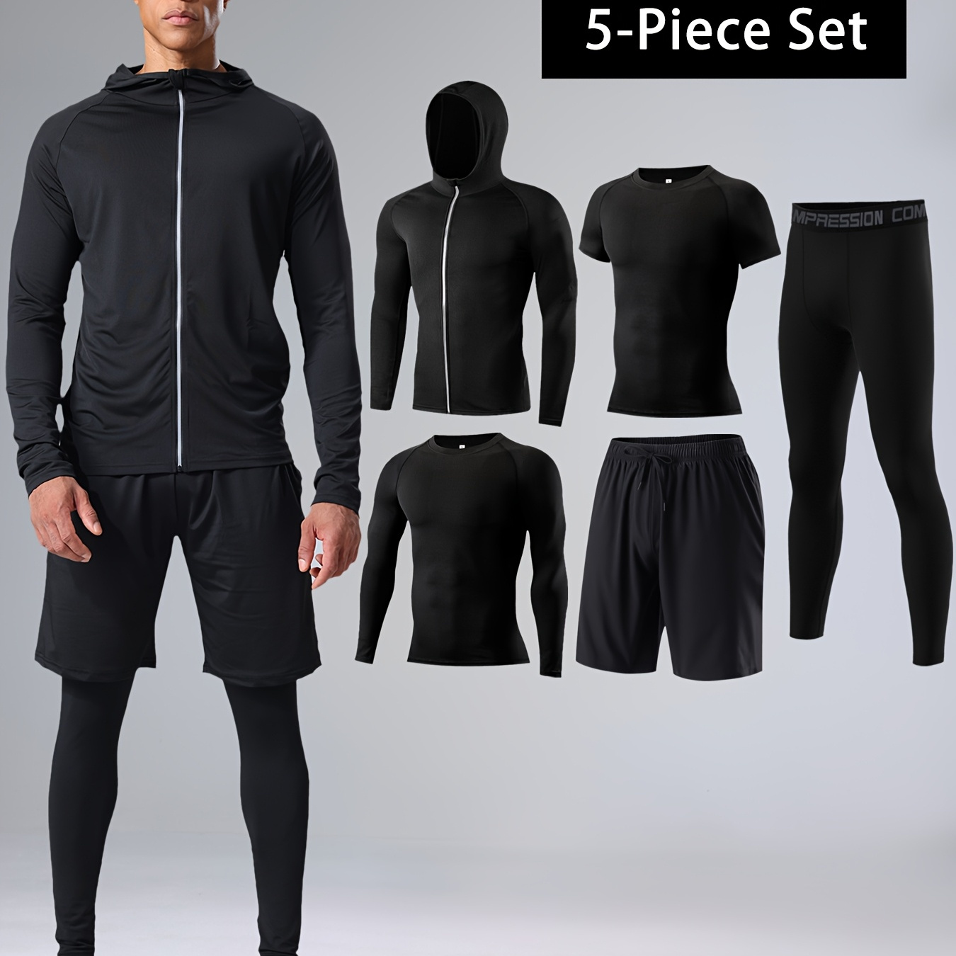 

Men's 5pcs Athletic Set: High-elasticity, Quick-dry & Breathable Gear For Basketball & Fitness - Includes Long Sleeve Top, Shorts, Leggings, Vest & Tee