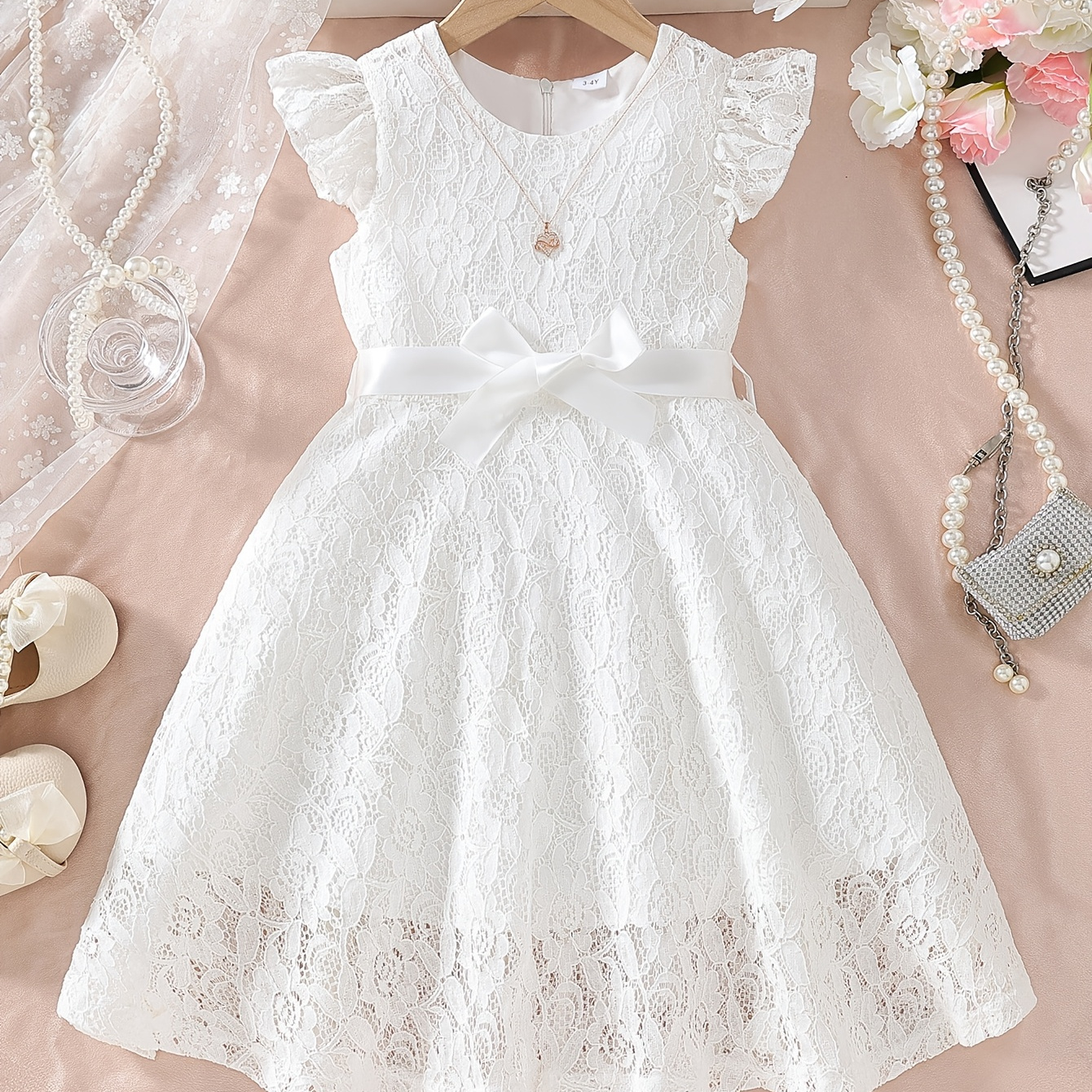 Vestidos elegantes para niñas de primavera y verano, vestido lindo y dulce con cremallera, cuello redondo de encaje sólido y manga con volantes, con cinturón, adecuado para uso diario casual, fiesta de cumpleaños, regalo