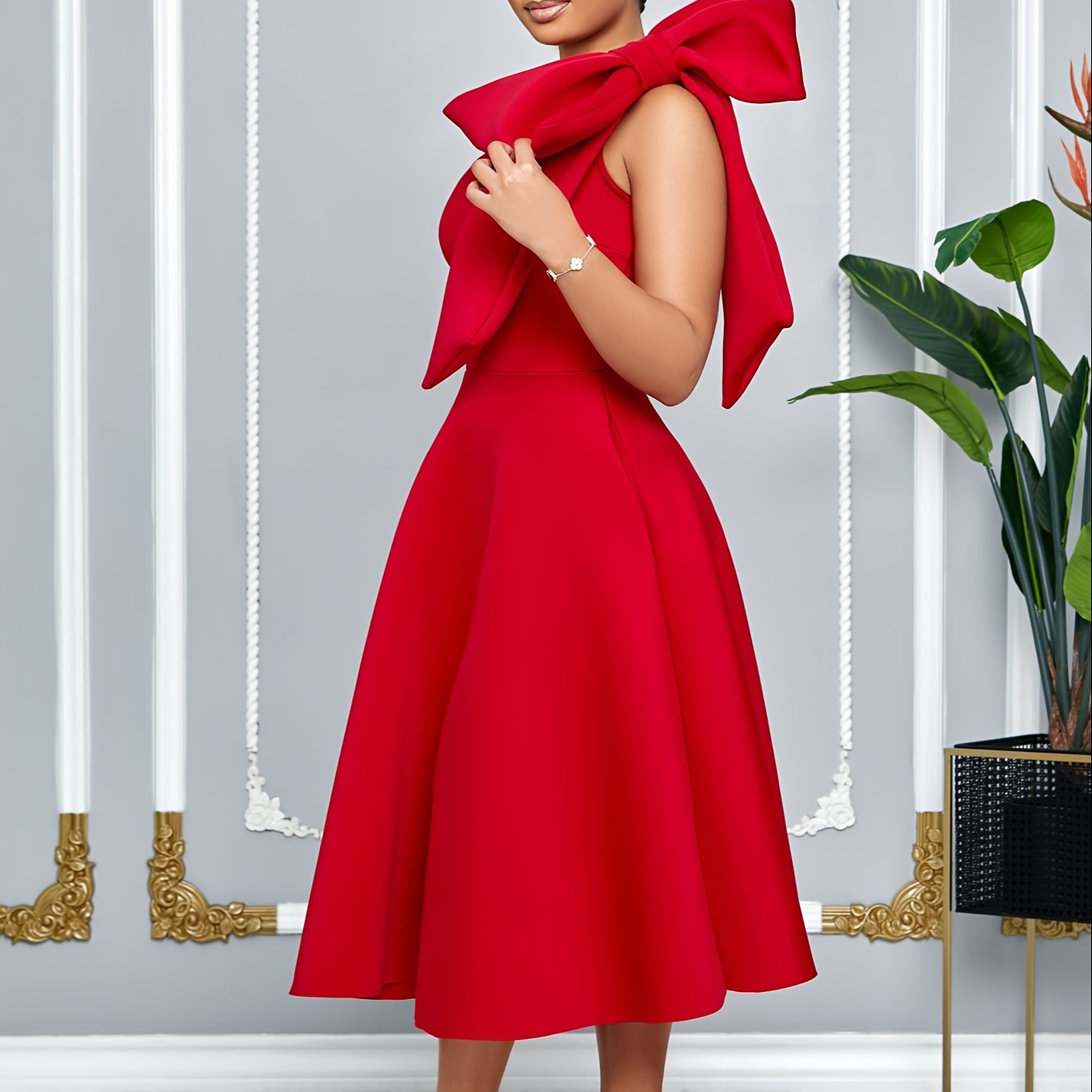 

Elegant One-shoulder Bowknot Dress - Chic High-waisted A-line Banquet Gown, Sleeveless With Pocket Detail, Polyester & Spandex , Spring/summer Parties & Weddings