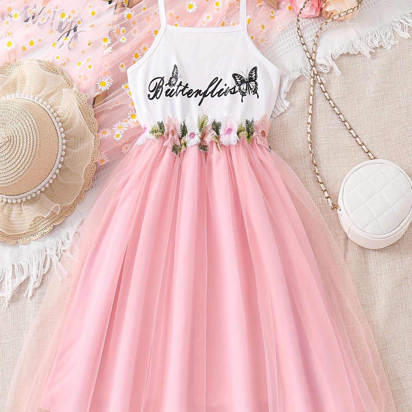 

Mesh Spliced Rib-knit Elegant Cami Dress For Girls, Summer Spaghetti Dress For Wedding Party