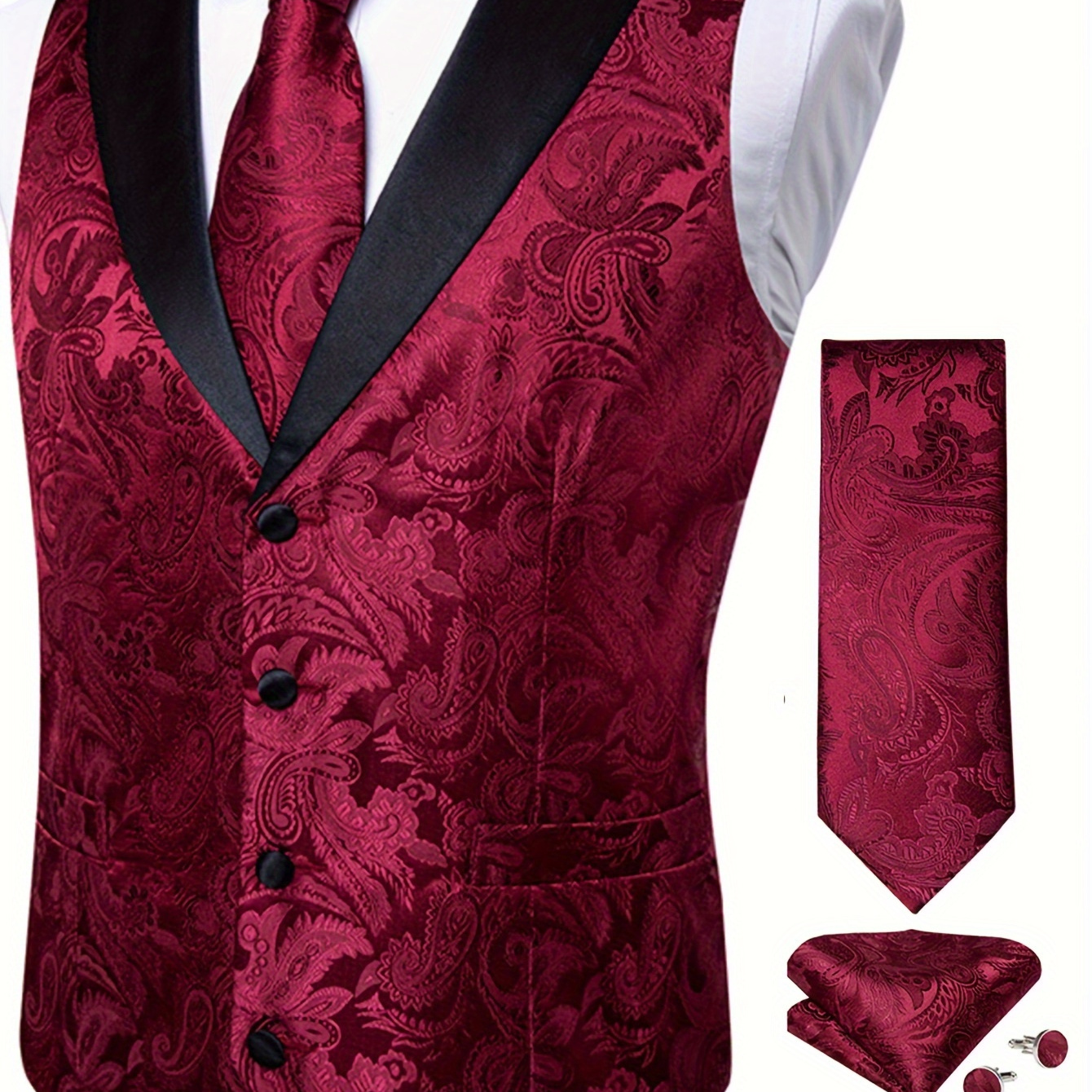 

Luxury Men's Gray Paisley Waistcoat Dress Vest For Man Wedding Party With Fashion Hnaderchief Cuffk