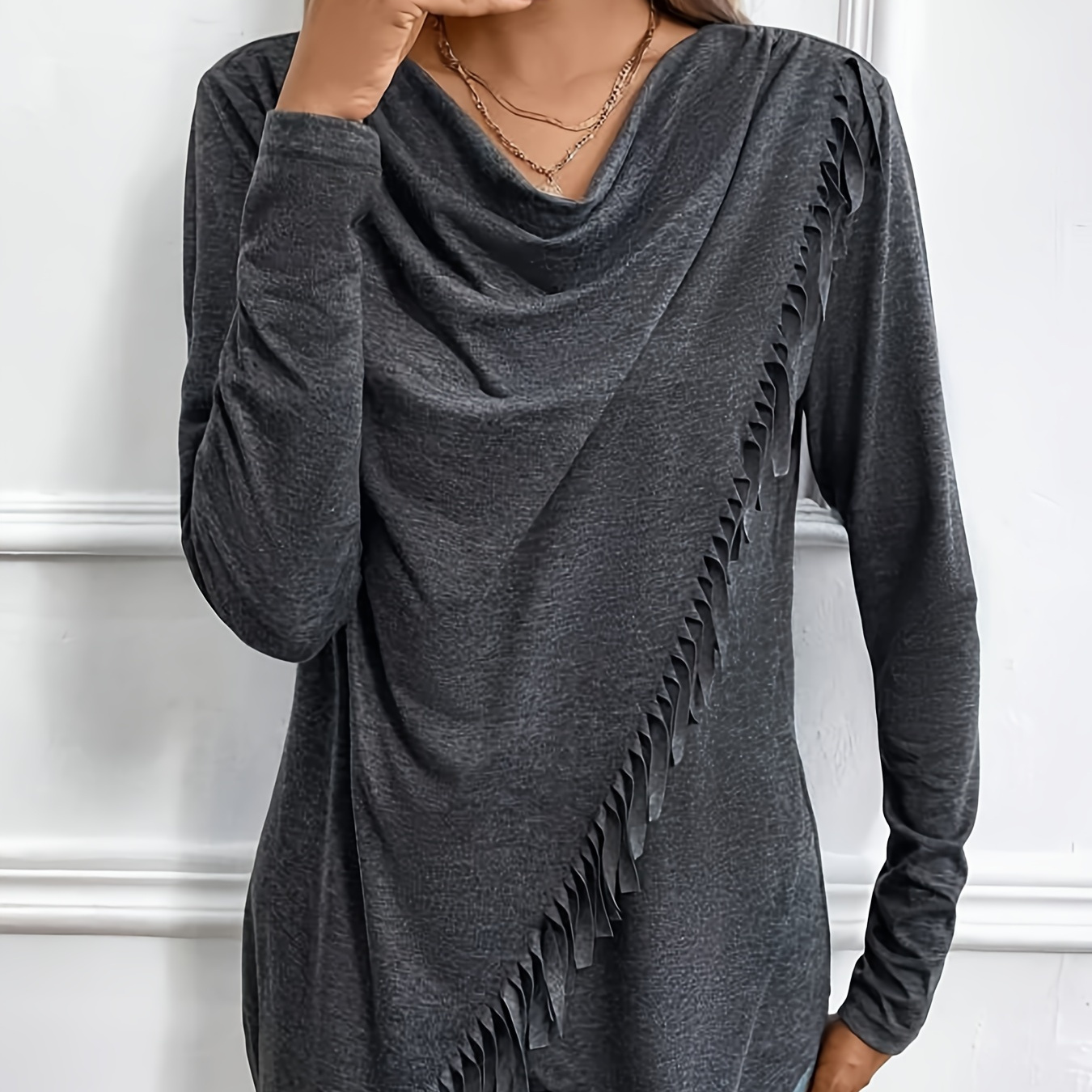 

Fringe Trim Cowl Neck T-shirt, Casual Long Sleeve Asymmetric Hem Top For Spring & Fall, Women's Clothing