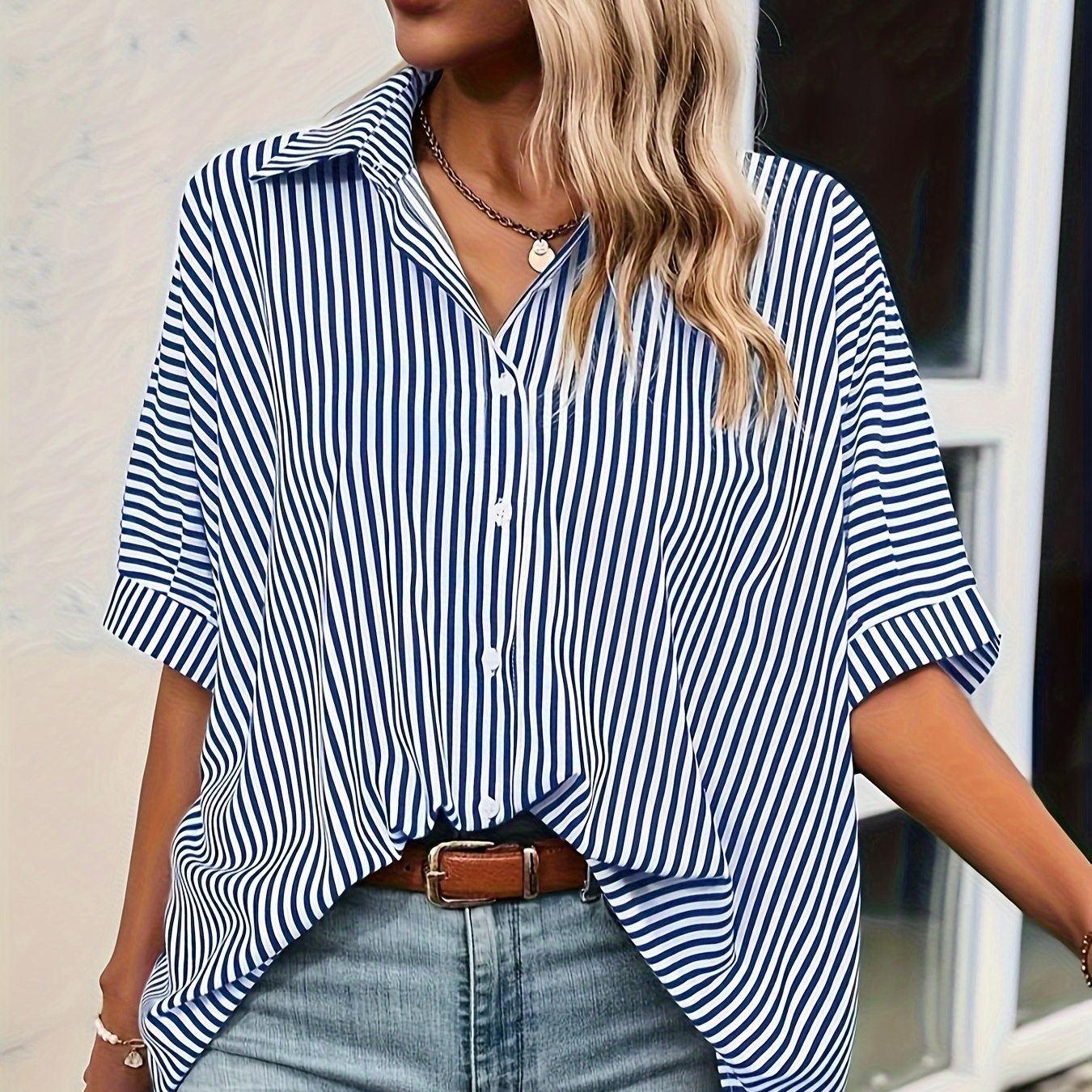 

Striped Button Front Shirt, Casual Short Sleeve Lapel Shirt For Spring & Summer, Women's Clothing