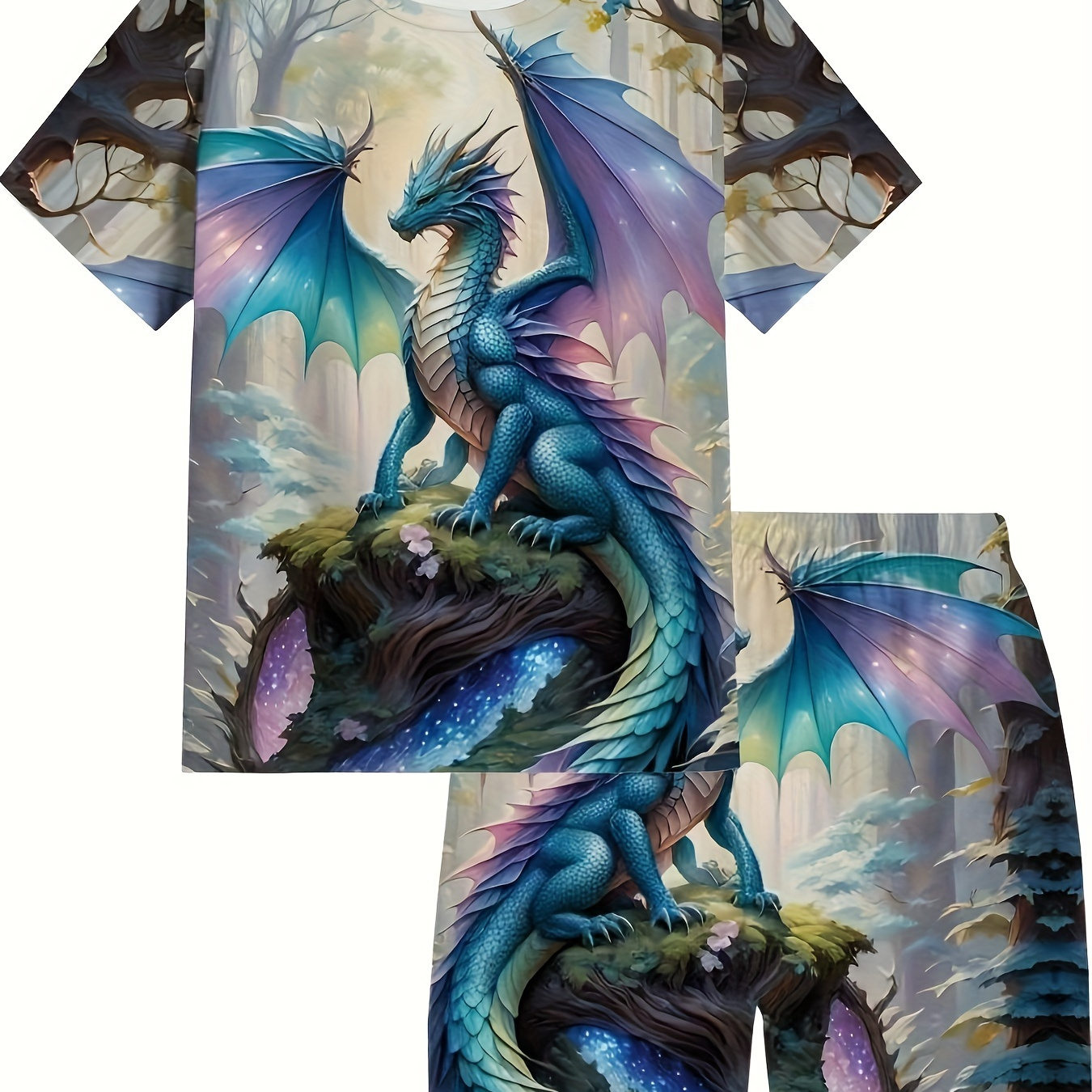 

2pcs Boys Casual Cute Dragon 3d Print Versatile Short Sleeve T-shirt & Shorts Set, Cool, Lightweight And Comfy Summer Clothes