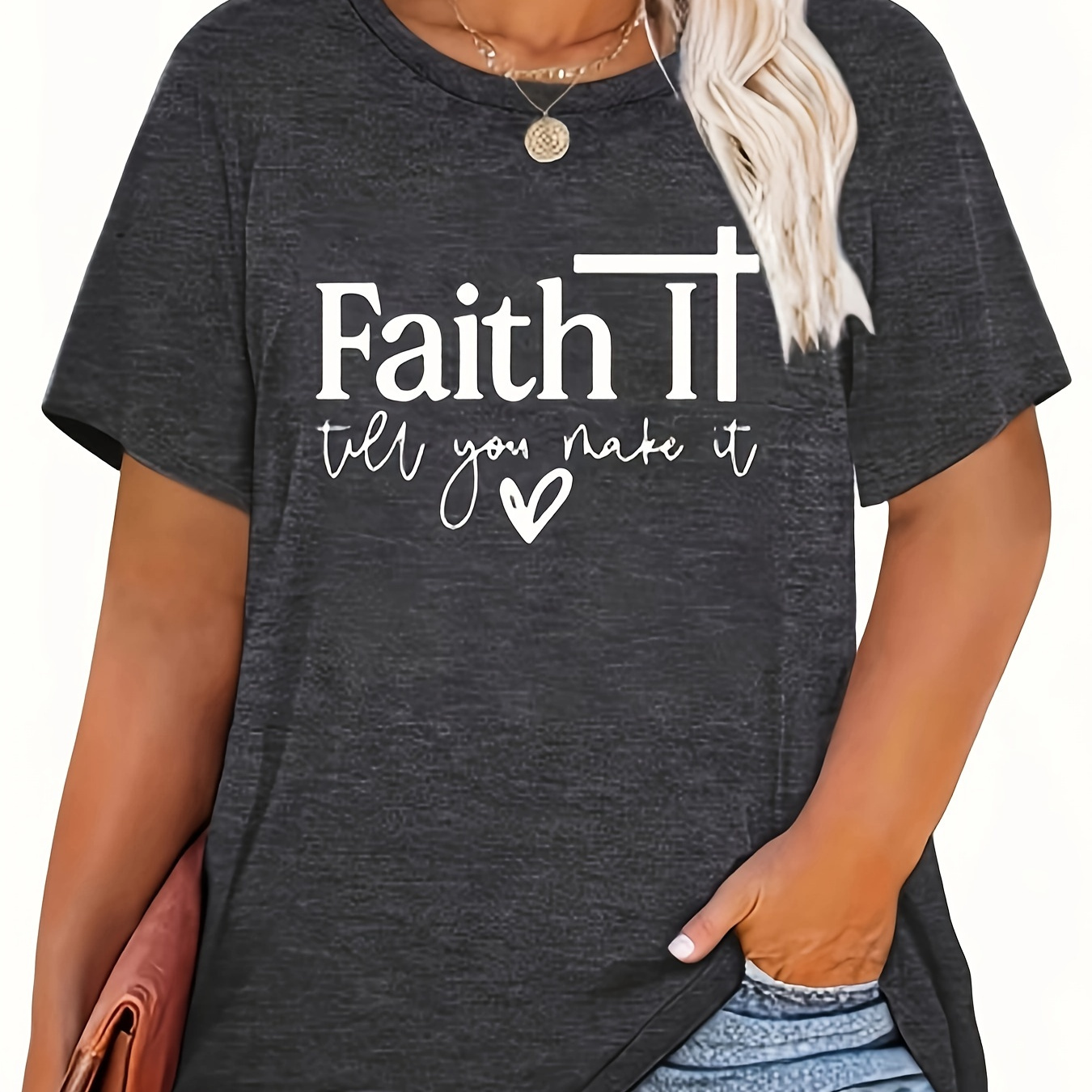 

Plus Size Faith Letter Print T-shirt, Casual Crew Neck Short Sleeve T-shirt, Women's Plus Size clothing