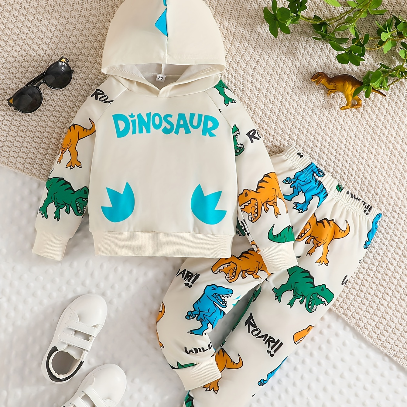 

Baby Boys Adorable Long Sleeve Casual Hooded Sweatshirt Pants Set With Dinosaur Print For Spring And Autumn