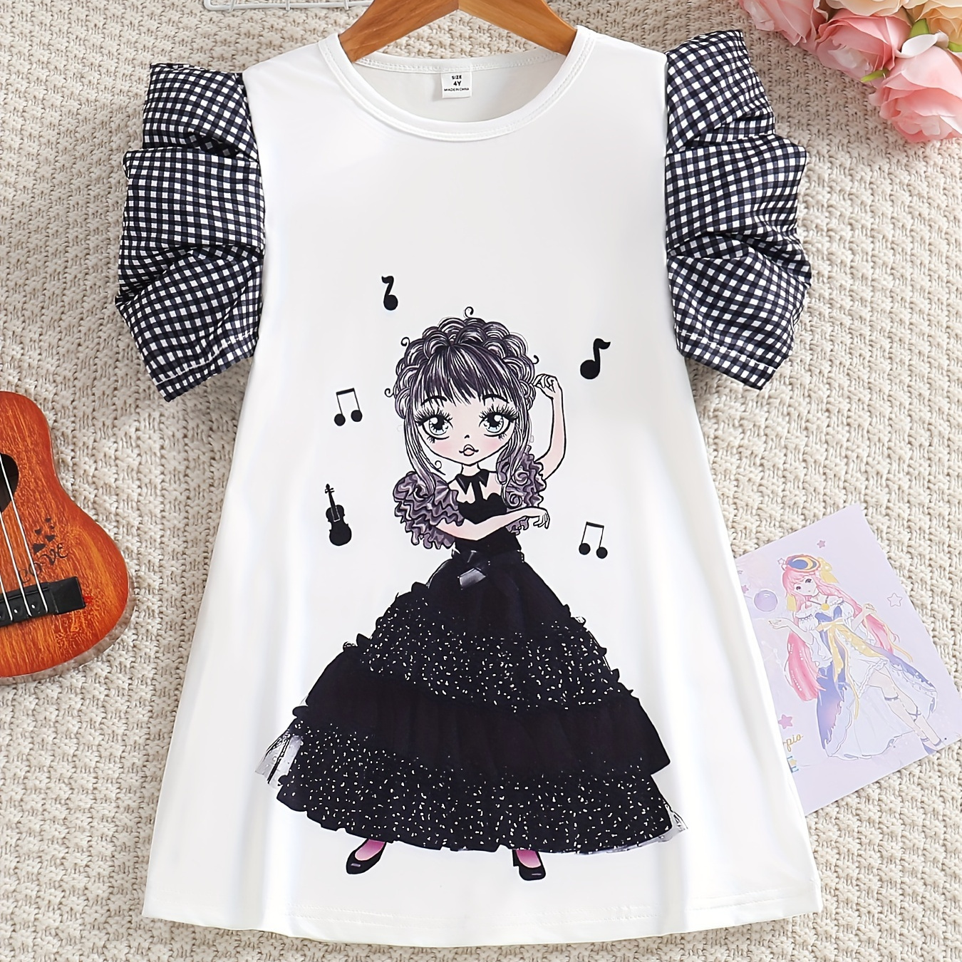 

Dance Girl Pattern Contrast Plaid Ruffle Sleeve Casual Dress Girls Summer Clothing