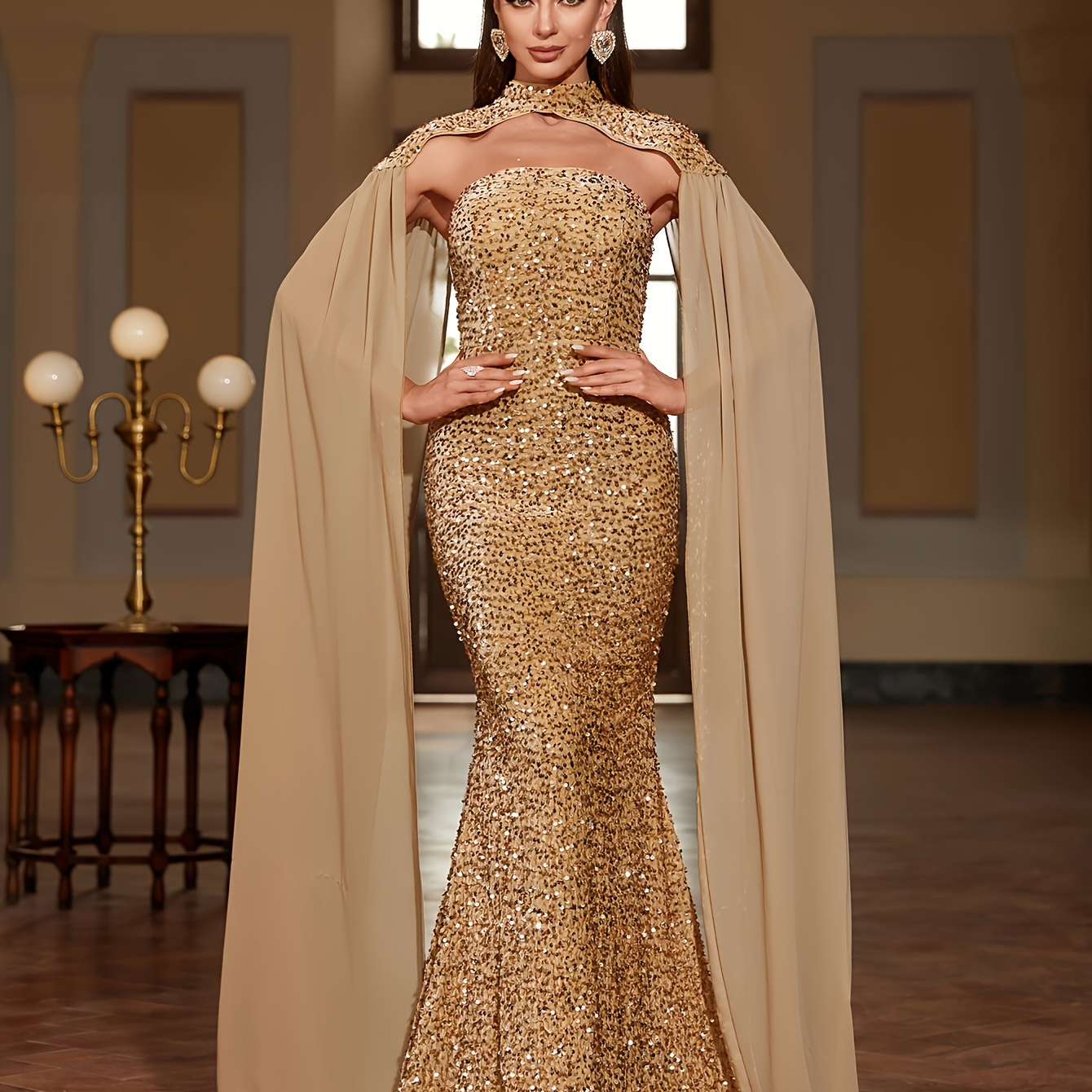 

Sparkling Sequin Tube Dress, Elegant Strapless Mermaid Hem Cape Sleeve Floor Length Dress For Party & Banquet, Women's Clothing