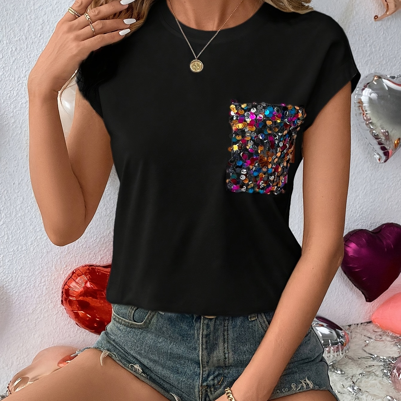 

Women' Sequin Batwing Sleeve T-shirt - Casual Black Polyester , Machine Washable & Dry , Spring/summer