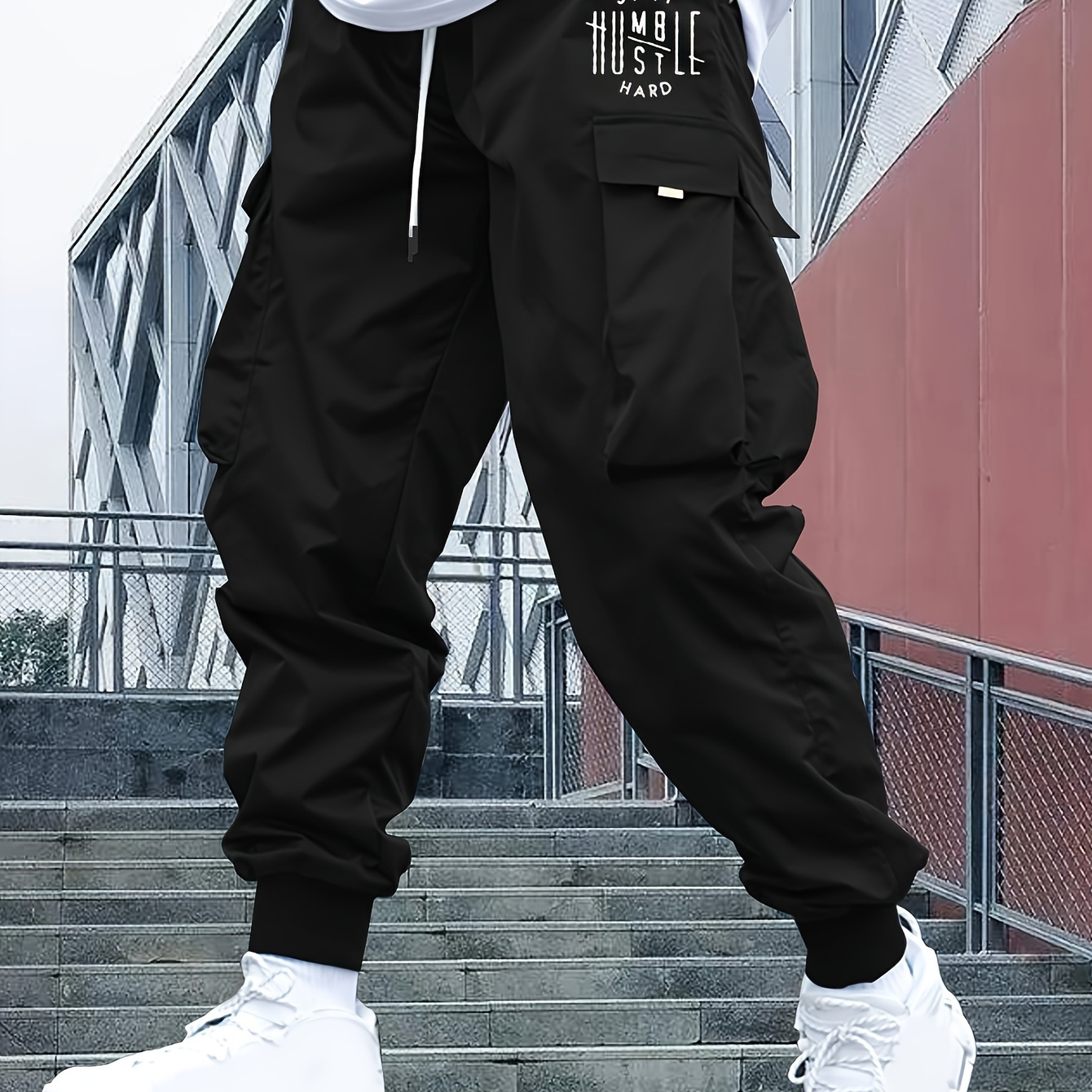 

Men's Letter Print Regular Fit And Cuffed Cargo Pants With Drawstring And Flap Pockets, Versatile And Casual Pants Suitable For Spring And Summer Outdoors And Jogging Wear