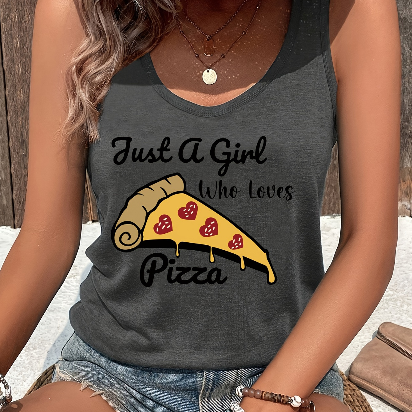 

Pizza Print Tank Top, Sleeveless Casual Top For Summer & Spring, Women's Clothing