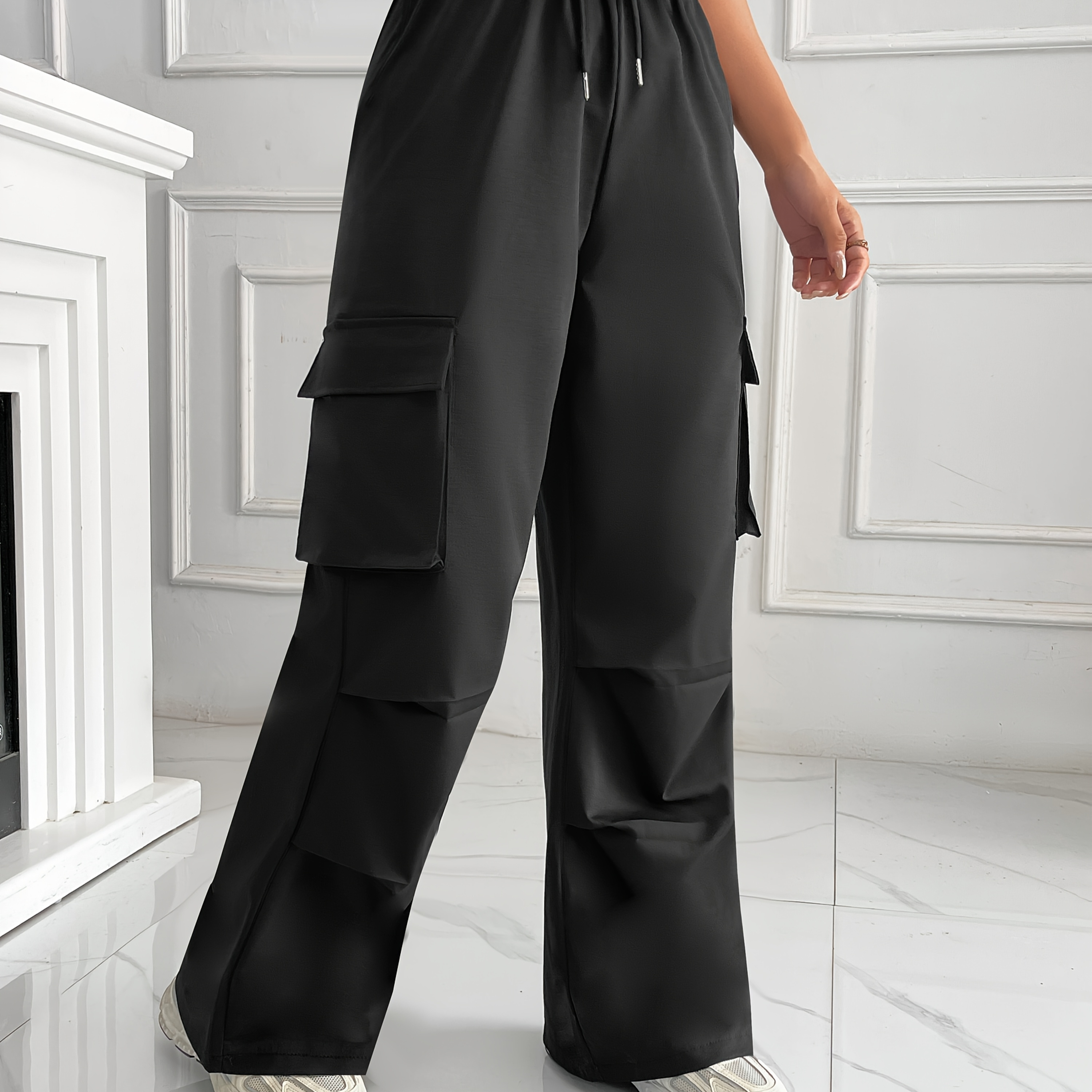 

Flap Pockets Wide Leg Cargo Pants, Casual Drawstring Pants For Spring & Fall, Women's Clothing