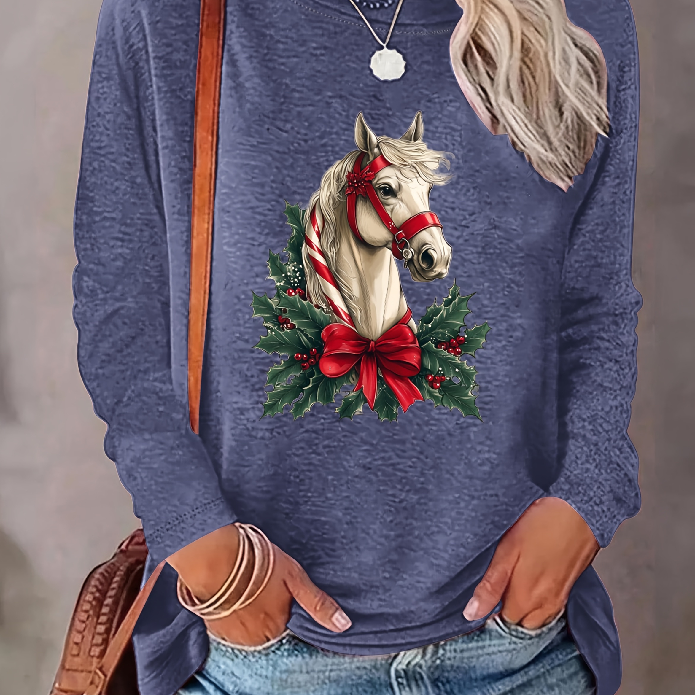 

1pc 's Long T- Christmas Applique And Wreath - , Regular Length, /