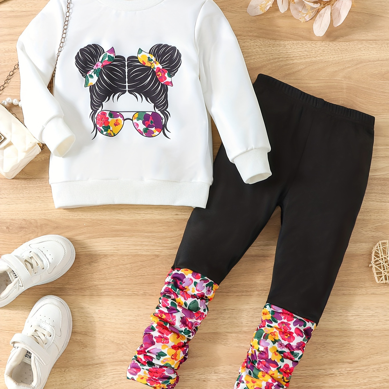 

Girl's Floral Pattern Outfit 2pcs, Portrait Graphic Sweatshirt & Pants Set, Kid's Clothes For Spring Fall