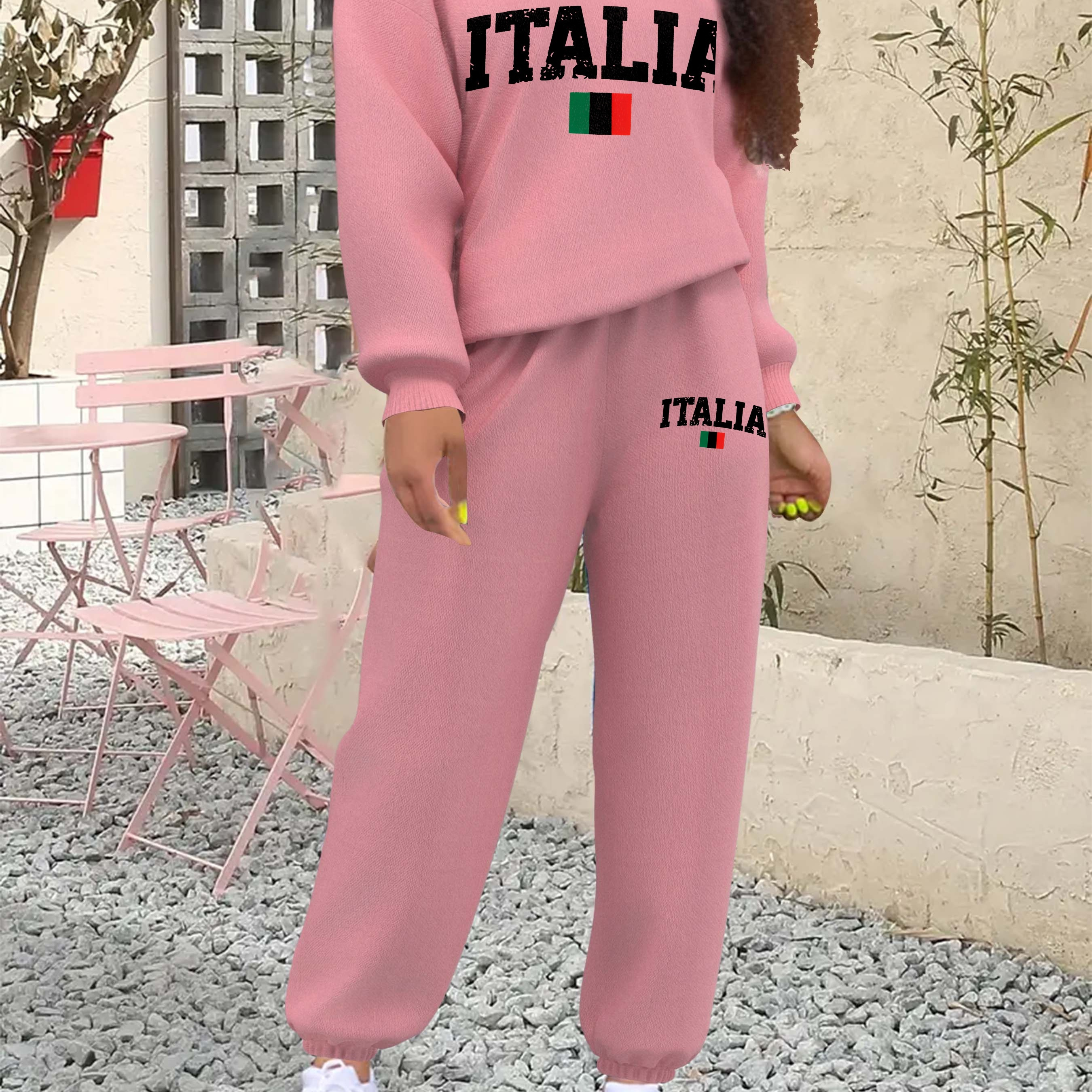 

Italia Print 2 Piece Set, Crew Neck Sweatshirt & Pants, Women's Clothing