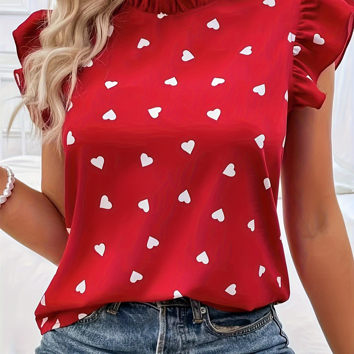 

Heart Print Mock Neck Blouse, Elegant Ruffle Sleeve Blouse For Spring & Summer, Women's Clothing